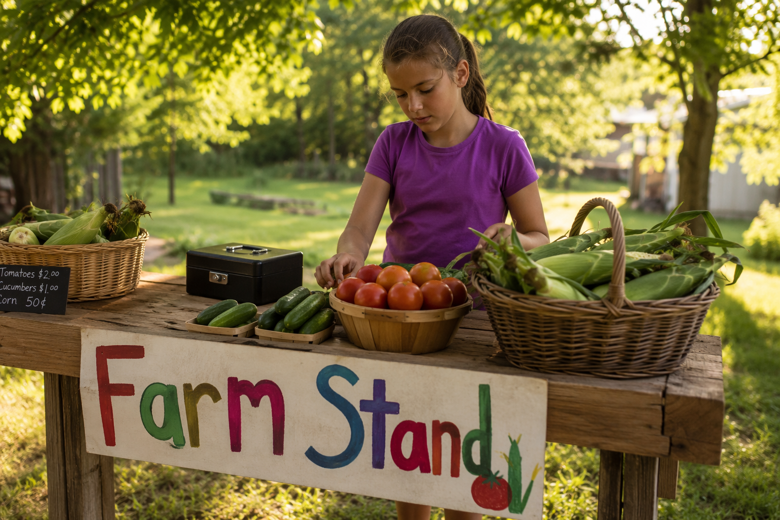 Child standing behind a backyard farm stand with produce, a hand-painted sign, and a cash box