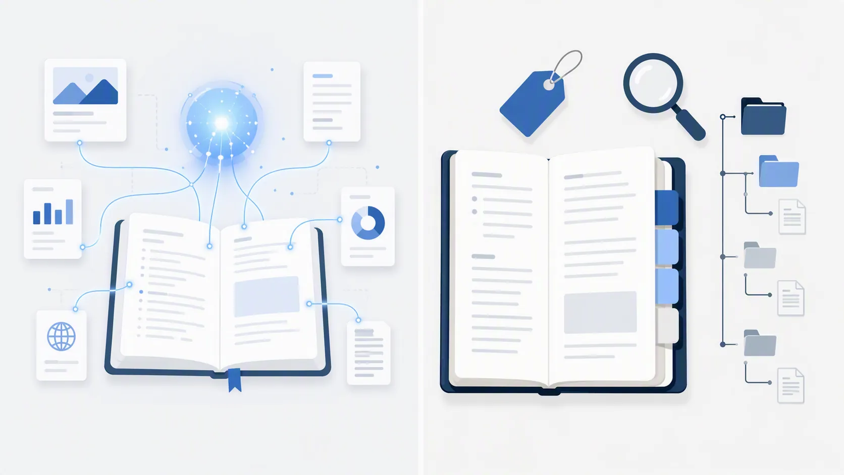 Two notebook concepts showing an AI grounding workspace beside a structured searchable archive