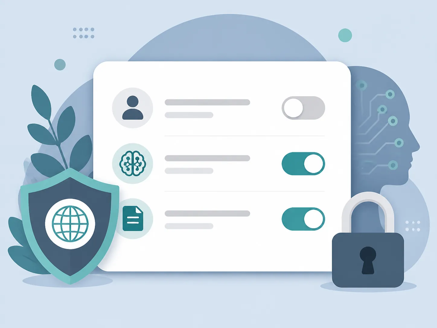 A privacy controls card with toggle switches, shield, globe, and padlock icons
