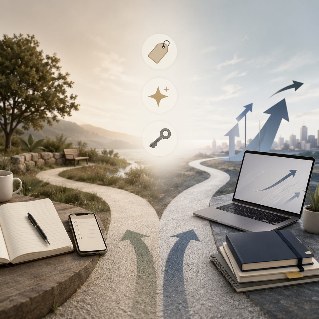Two diverging paths representing staying with familiar note tools or switching to a new note-taking setup