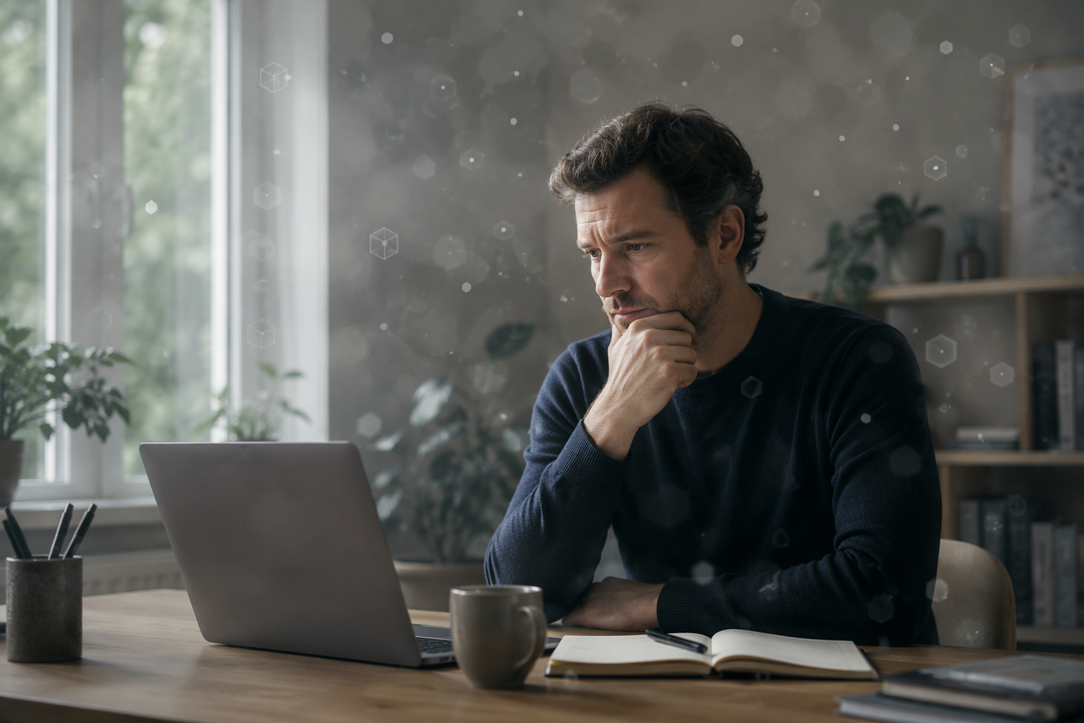 Knowledge worker looking fatigued at a desk with subtle haze and particles in the air