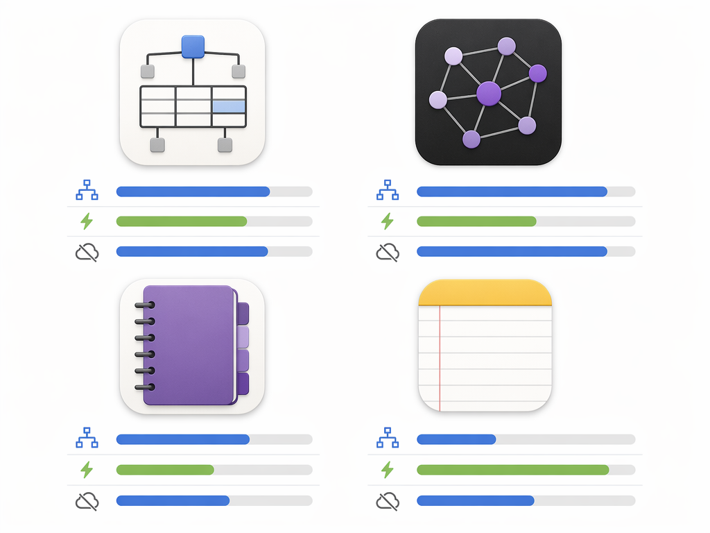 Clean editorial comparison grid with four abstract, non-branded app icons arranged in a two-by-two layout — each suggesting a different note-taking approach: a linked database lattice, interconnected graph nodes, a spiral notebook with tabs, and a simple lined page. Below each, small horizontal bar charts show relative scores. Muted grays and whites with subtle blue and green accent colors.