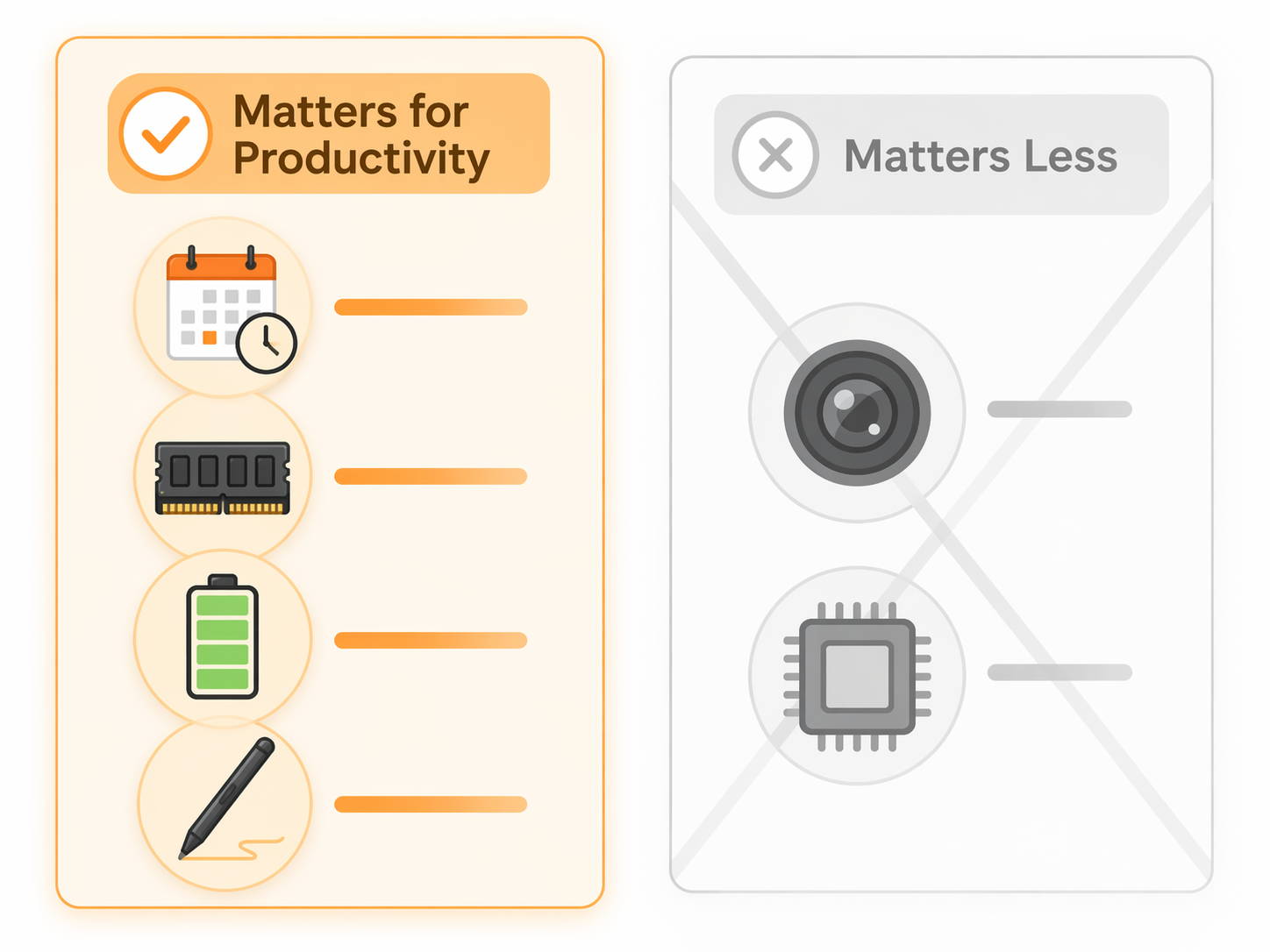 Comparison graphic showing productivity phone priorities: software updates, 8GB memory, 5000mAh battery, and stylus over camera and processor specs