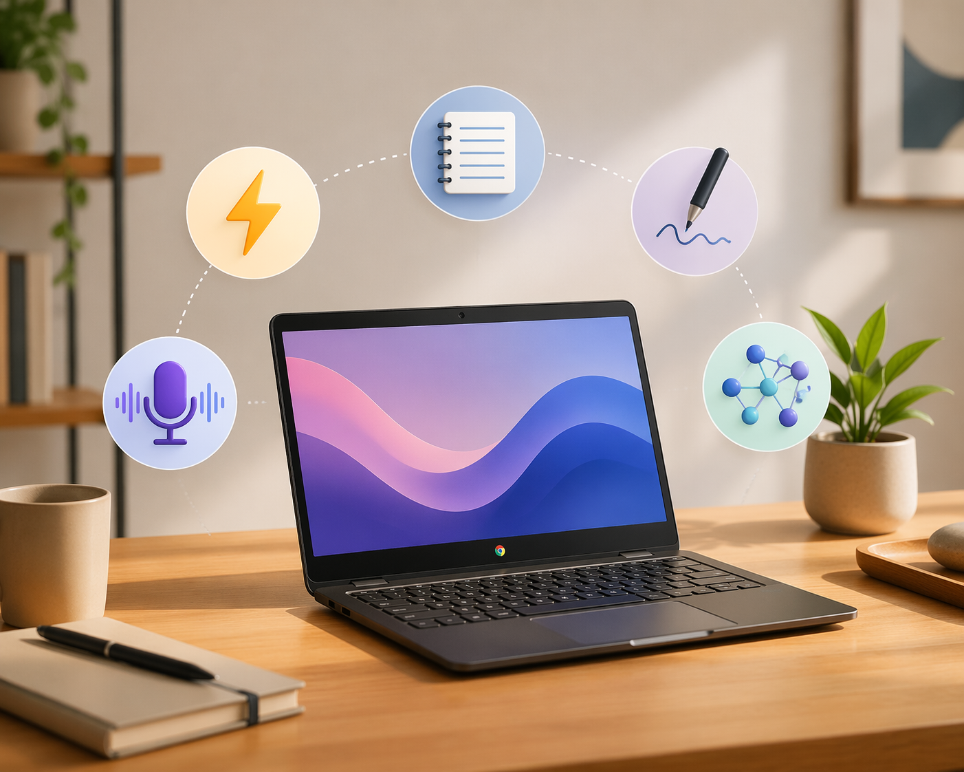 Chromebook surrounded by icons for quick capture, structured notes, handwriting, linked knowledge, and meeting notes