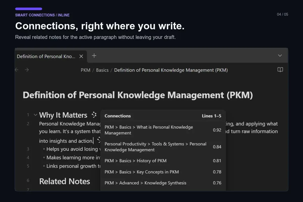 Smart Connections panel surfacing related notes beside an open Obsidian note