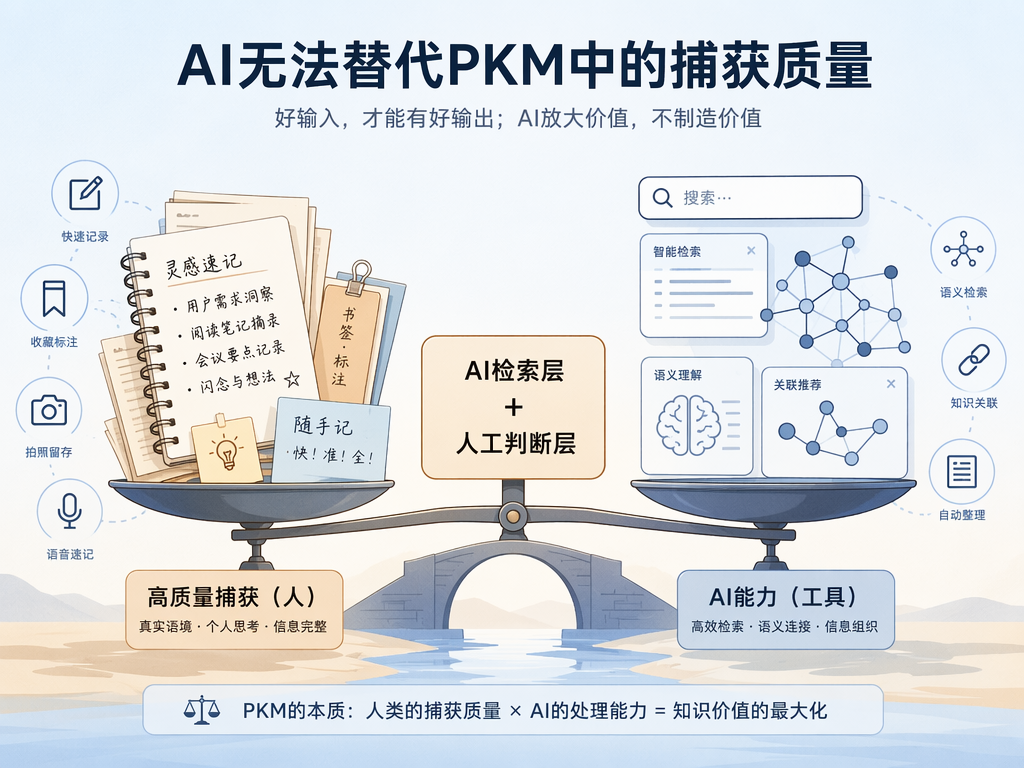 AI检索层与人工判断层的平衡构图：左侧人工输入质量（手写笔记、书签、捕获图标），右侧AI检索（神经网络节点、搜索符号），中间天秤显示「AI检索层 + 人工判断层」