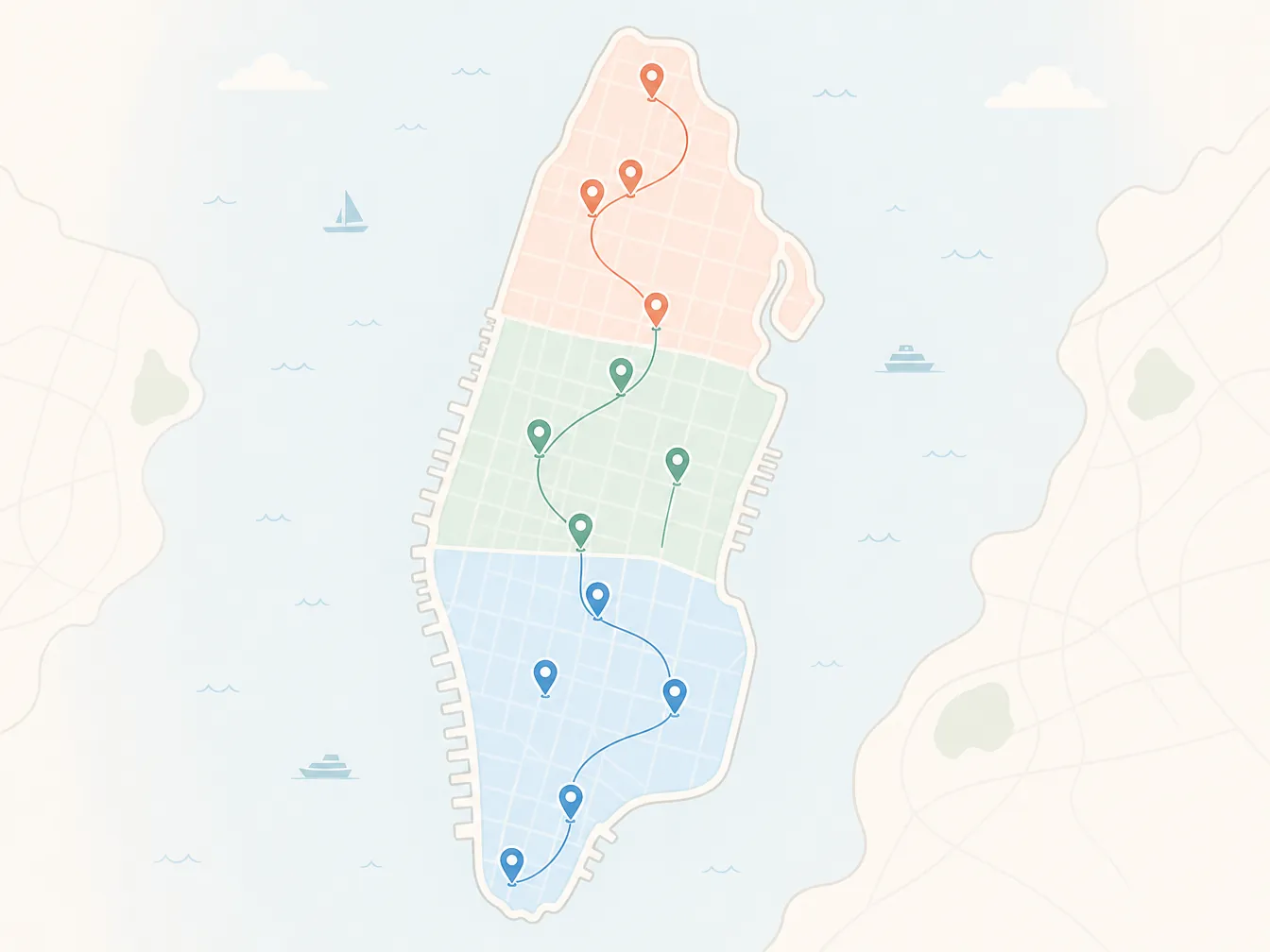 Abstract Manhattan map divided into three color zones for a neighborhood-clustered three-day itinerary