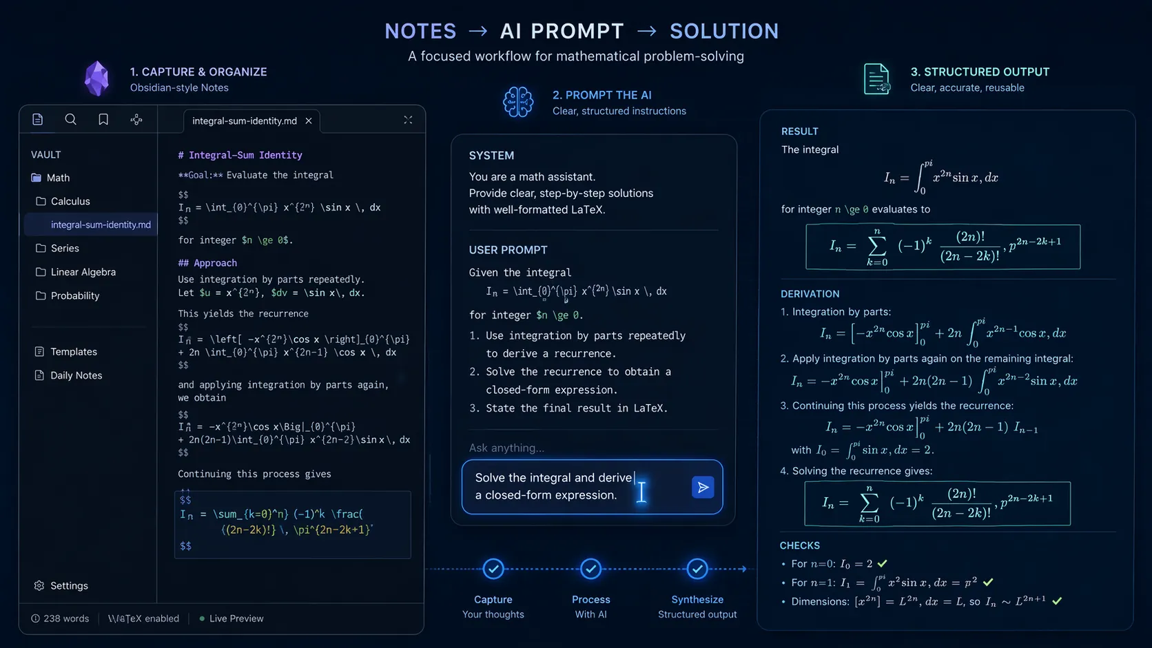 Dark Obsidian-style note with AI prompt input and rendered LaTeX output