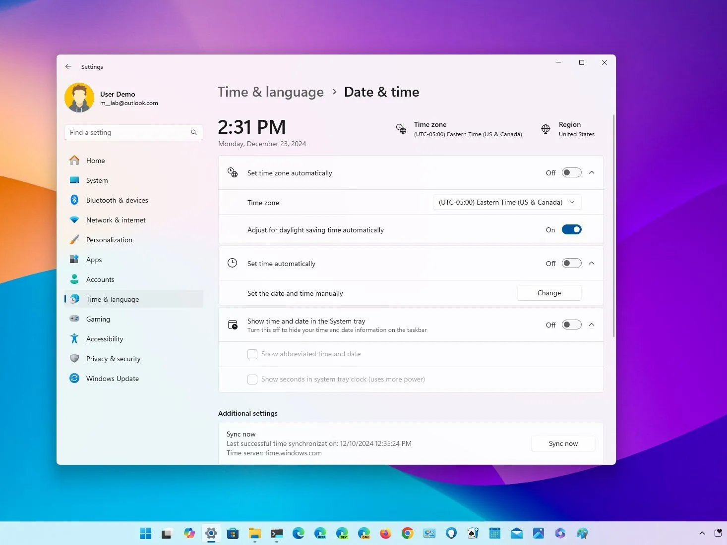 Windows 11 Date and Time settings with automatic time and time zone enabled