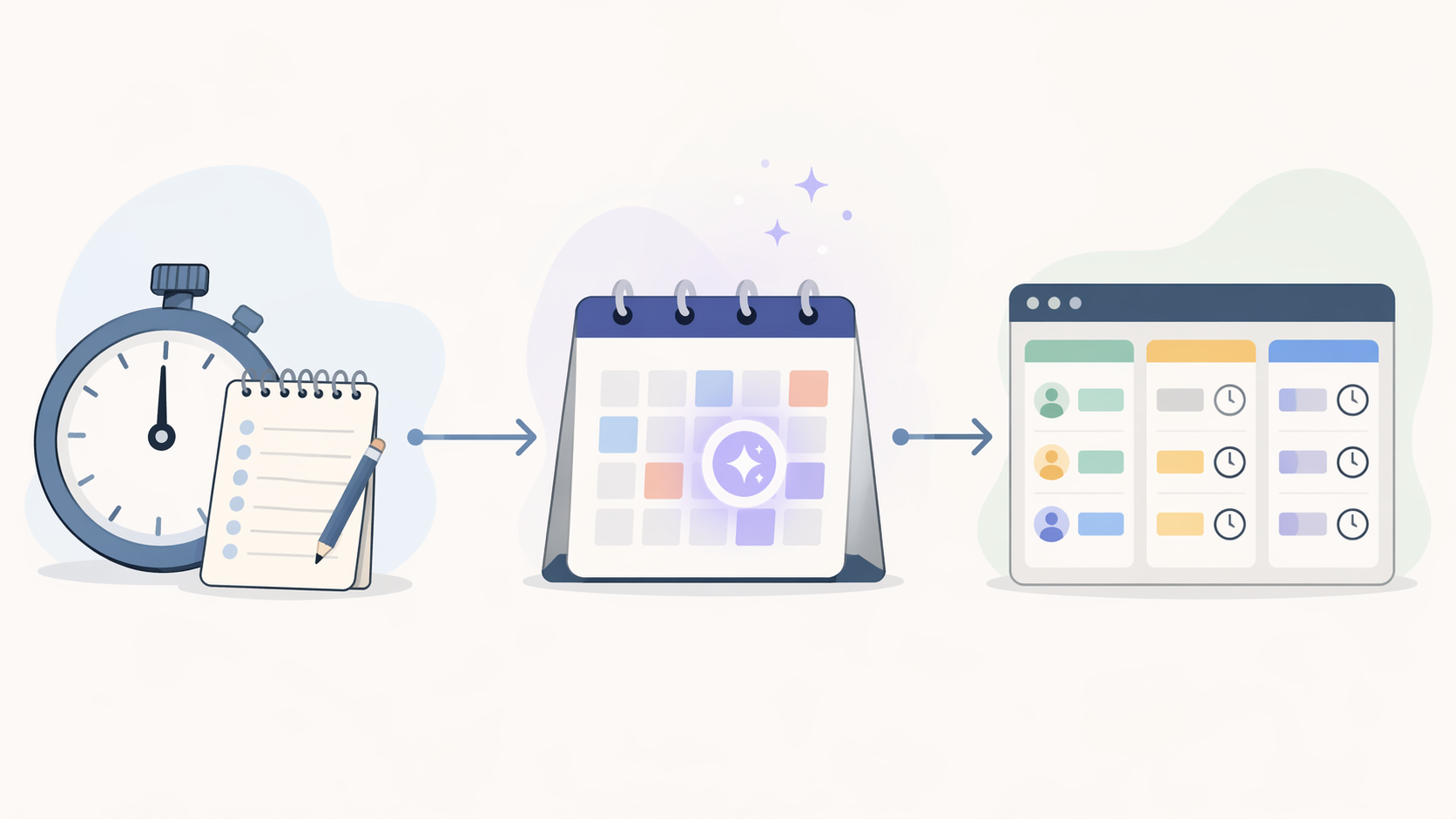 Stopwatch, calendar, and team board illustration showing three paths for choosing time management software