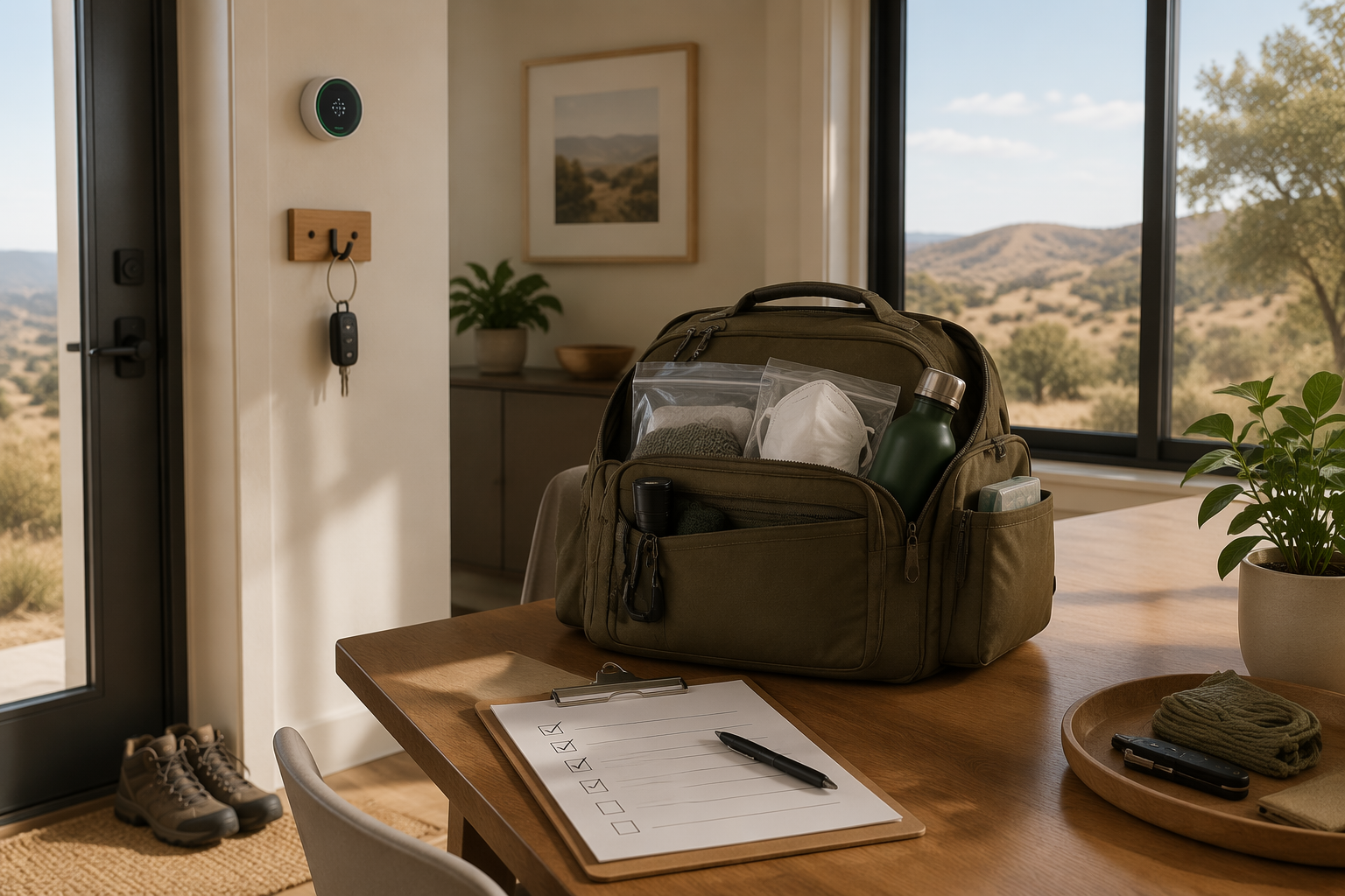 Organized go-bag and clipboard checklist on a table near dry hills