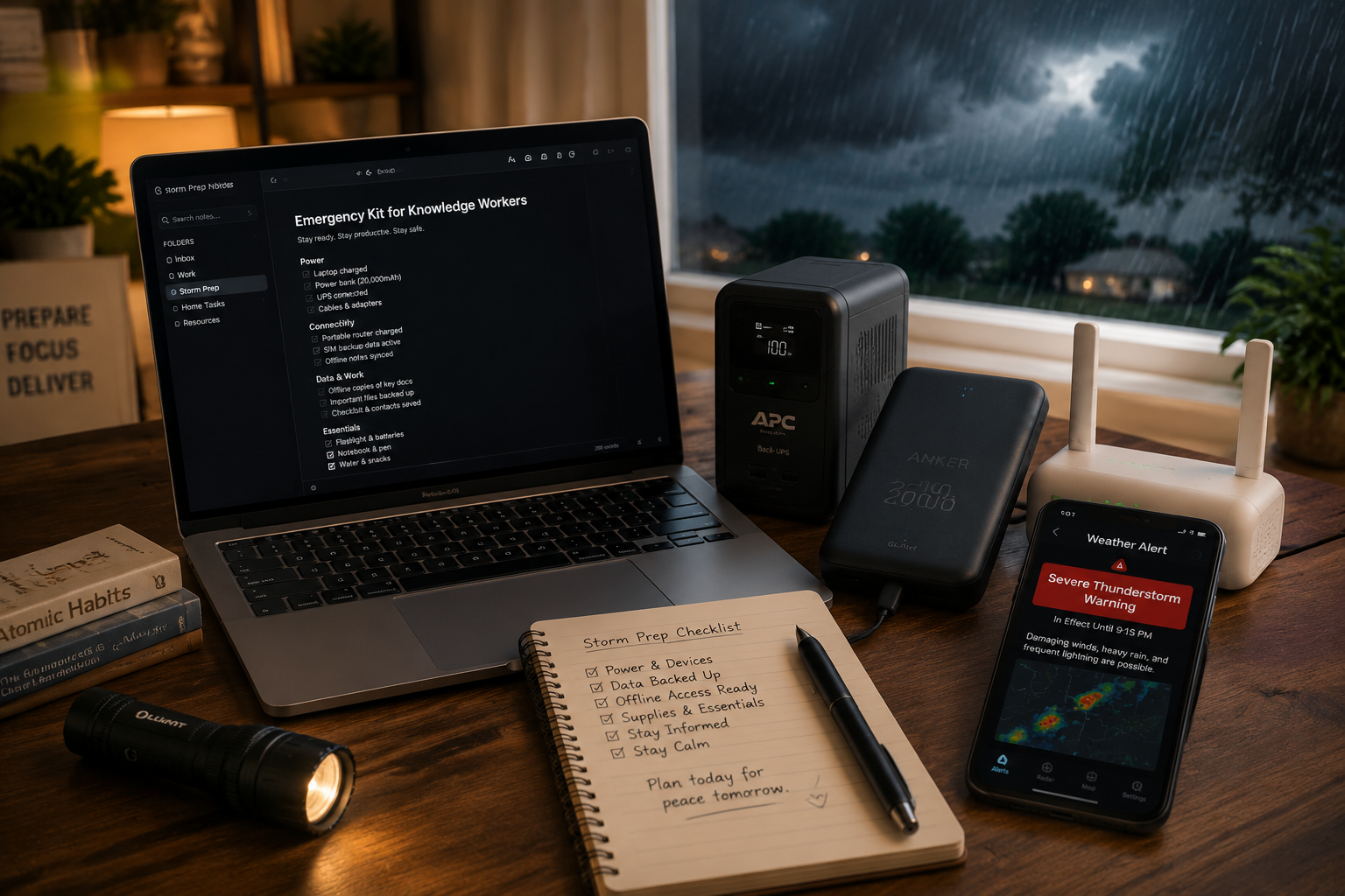 Digital emergency kit on a desk with laptop, local notes, power bank, UPS, router, checklist, flashlight, and weather alerts during a storm