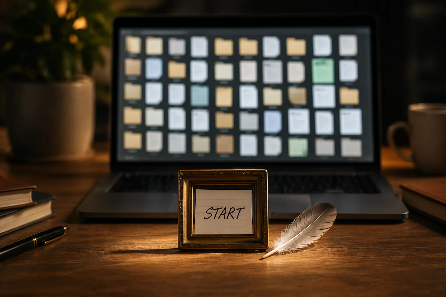 A laptop with many note files behind a small picture frame holding a START note card