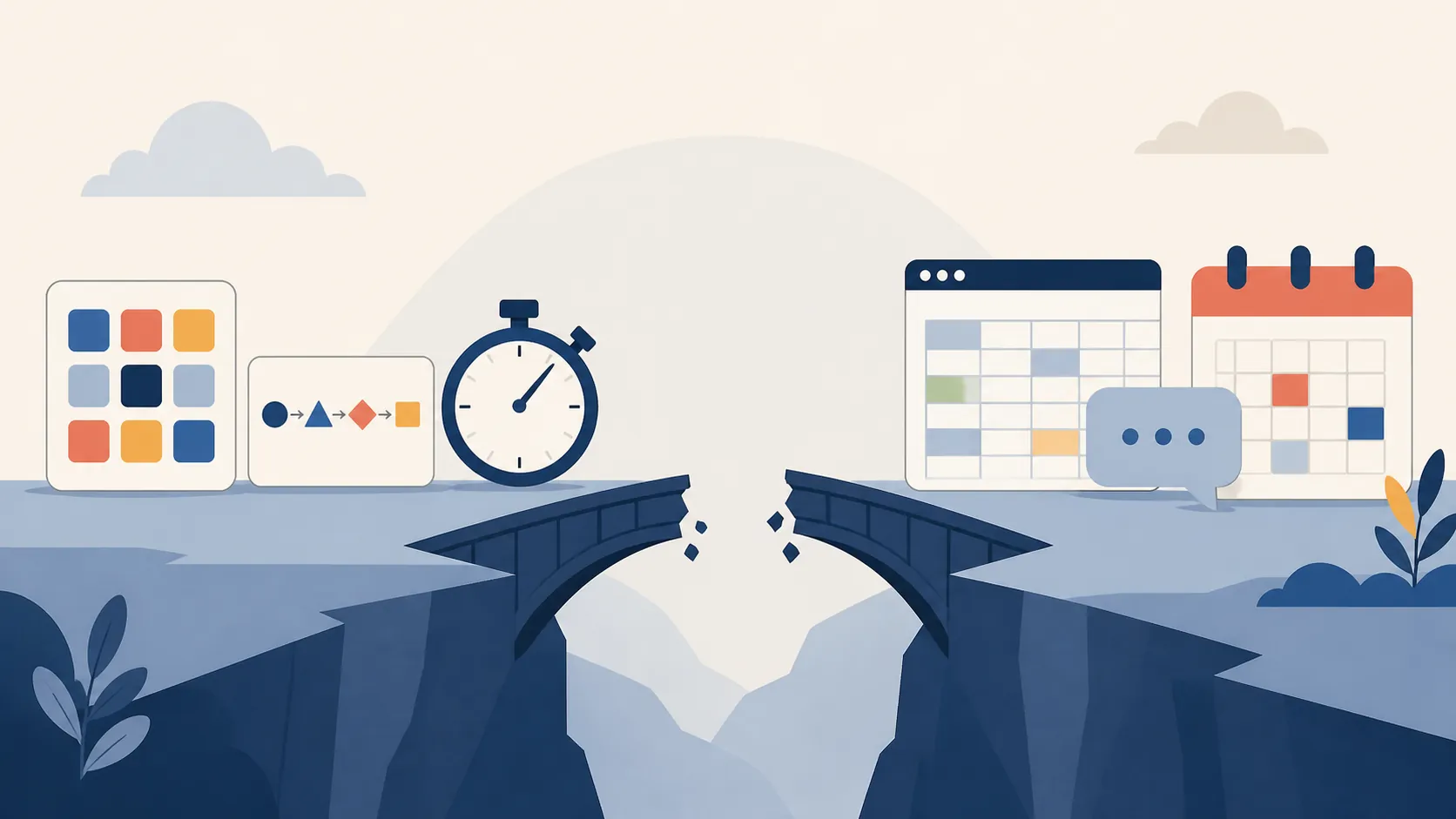 A broken bridge between lab-test icons and workplace-task icons
