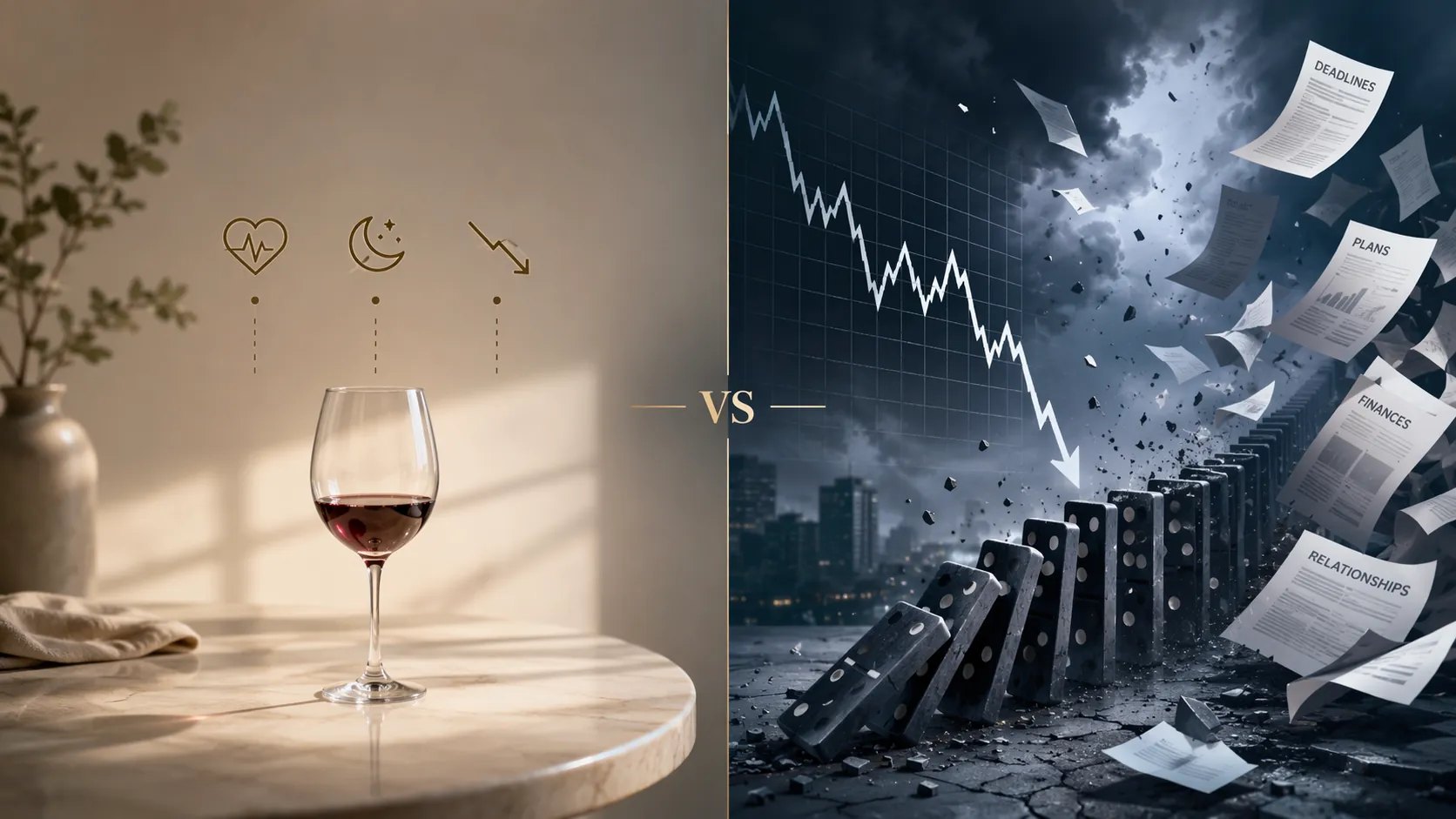 Split illustration comparing a small wine-related physiological dip with a dramatic productivity collapse