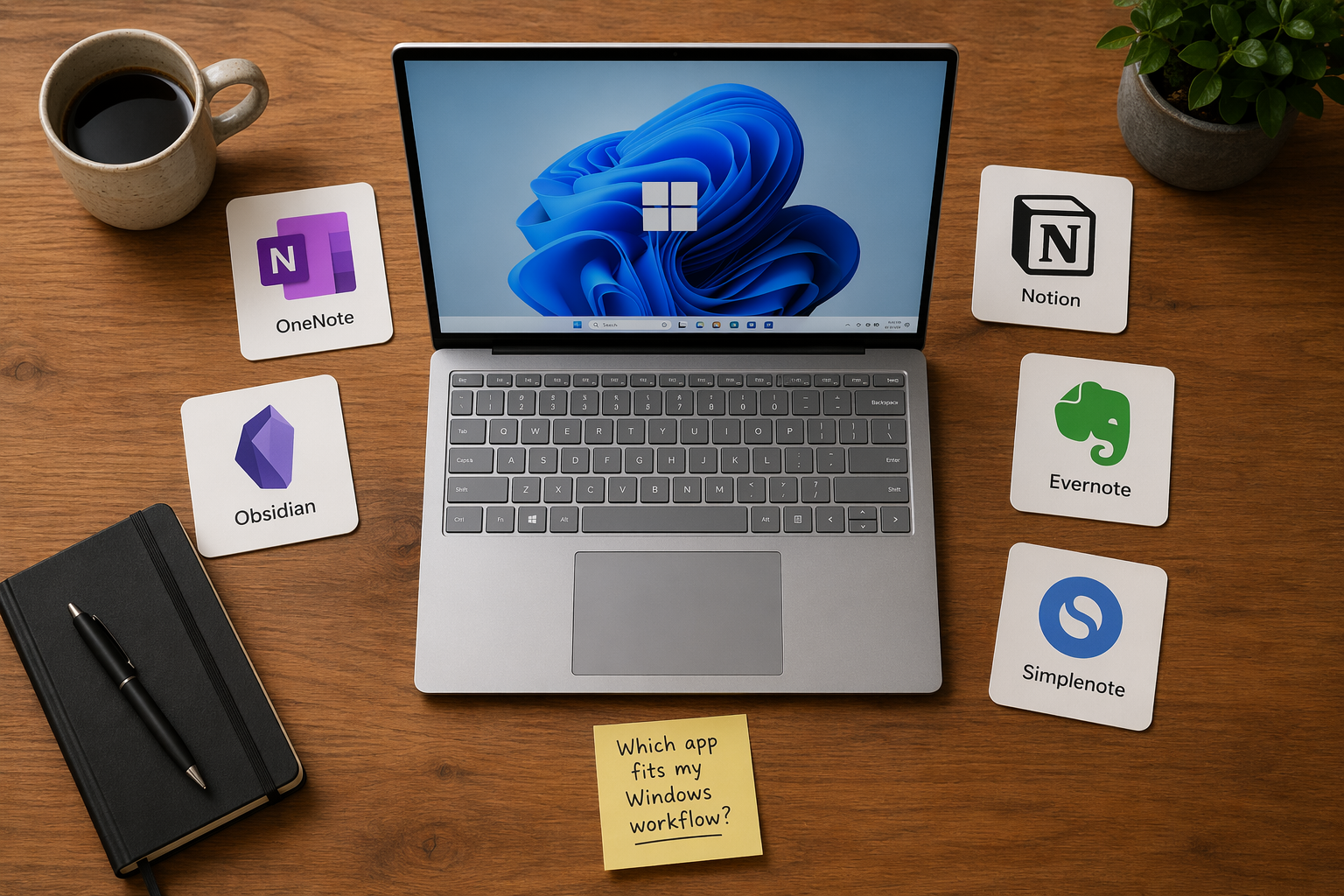 Flat-lay composition of a silver Windows laptop with note-taking app icons arranged around it on a wooden desk.