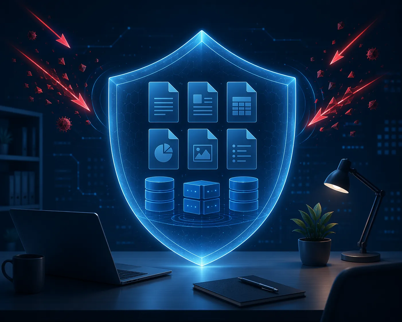 Digital workspace protected by a translucent security shield while red injection fragments are deflected