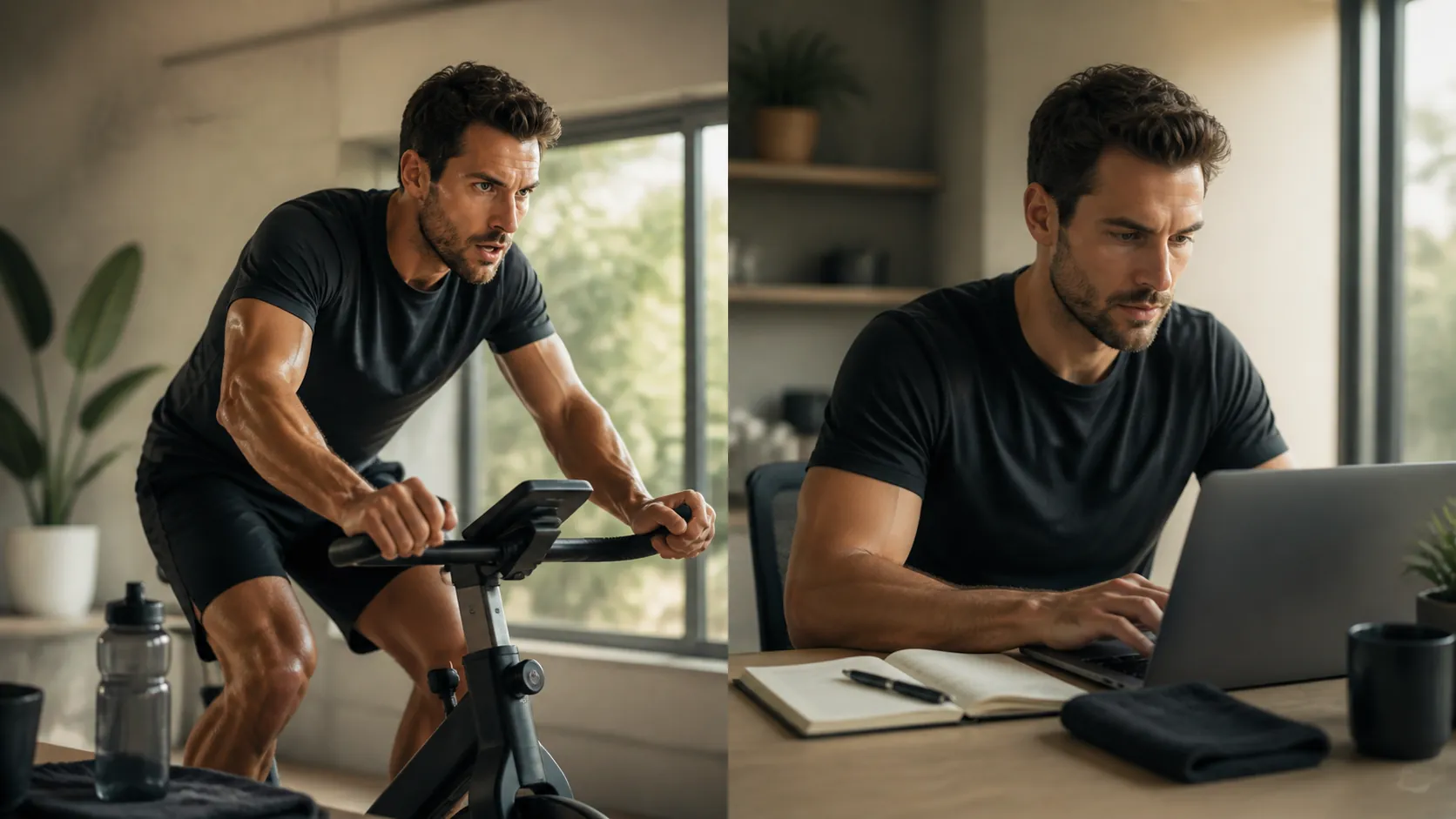 A split scene linking a short intense stationary bike workout with focused desk work