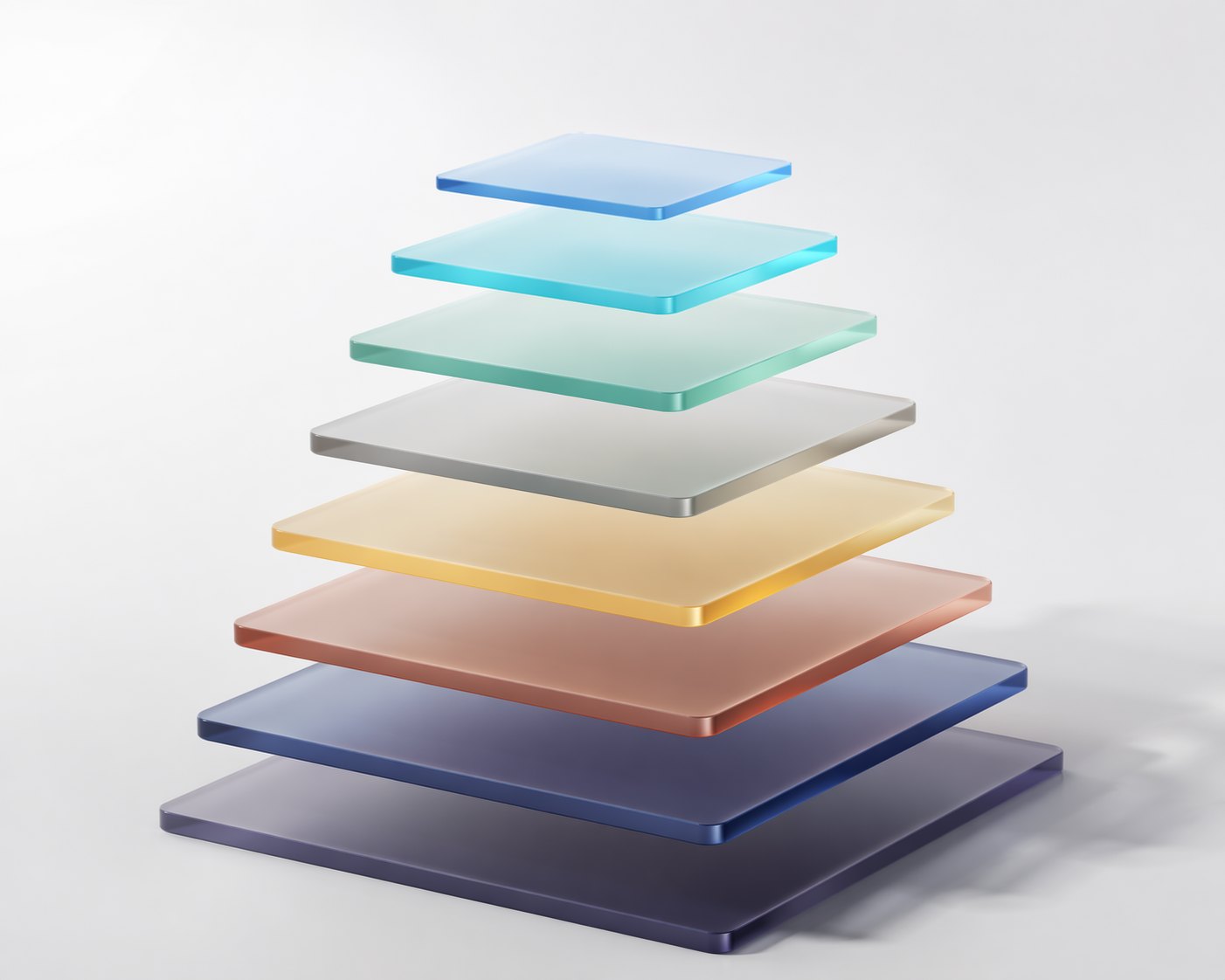 Eight translucent colored slabs stacked like a minimalist productivity system