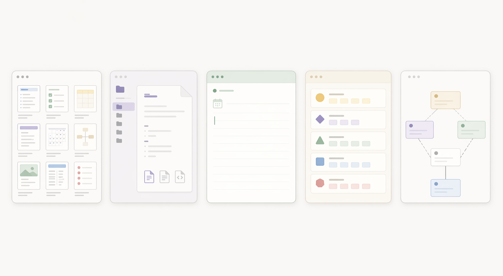 Five simplified app interfaces showing templates, files, journals, object types, and connected blocks