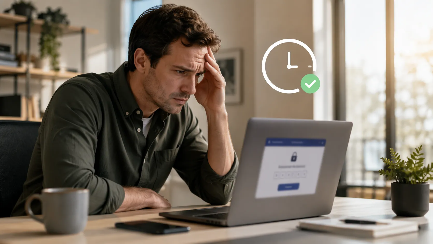 Person at a desk facing a laptop authentication prompt with a clock checkmark icon