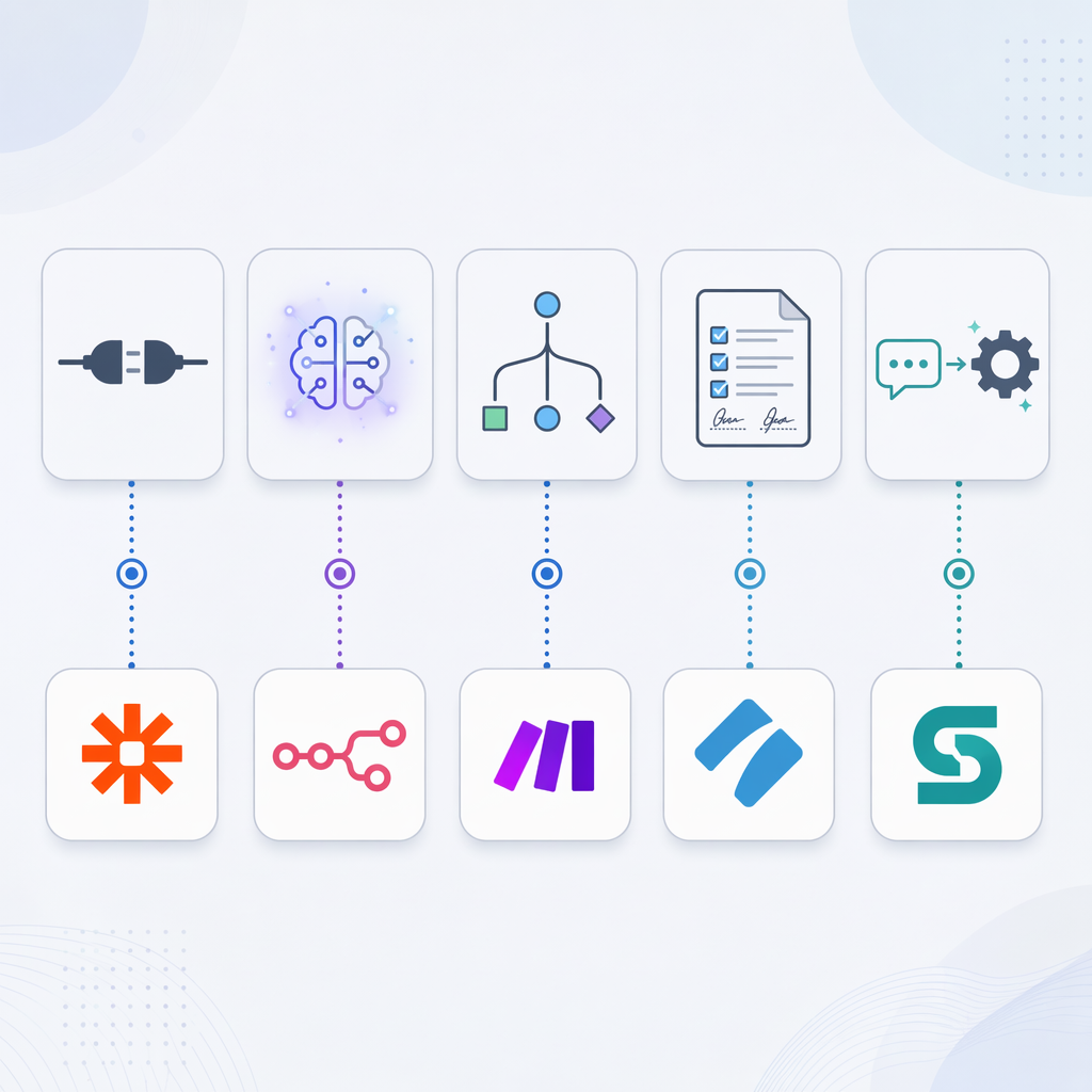 Decision guide matching workflow shapes to recommended automation platforms including Zapier, n8n, Make, Process Street, and Stepper