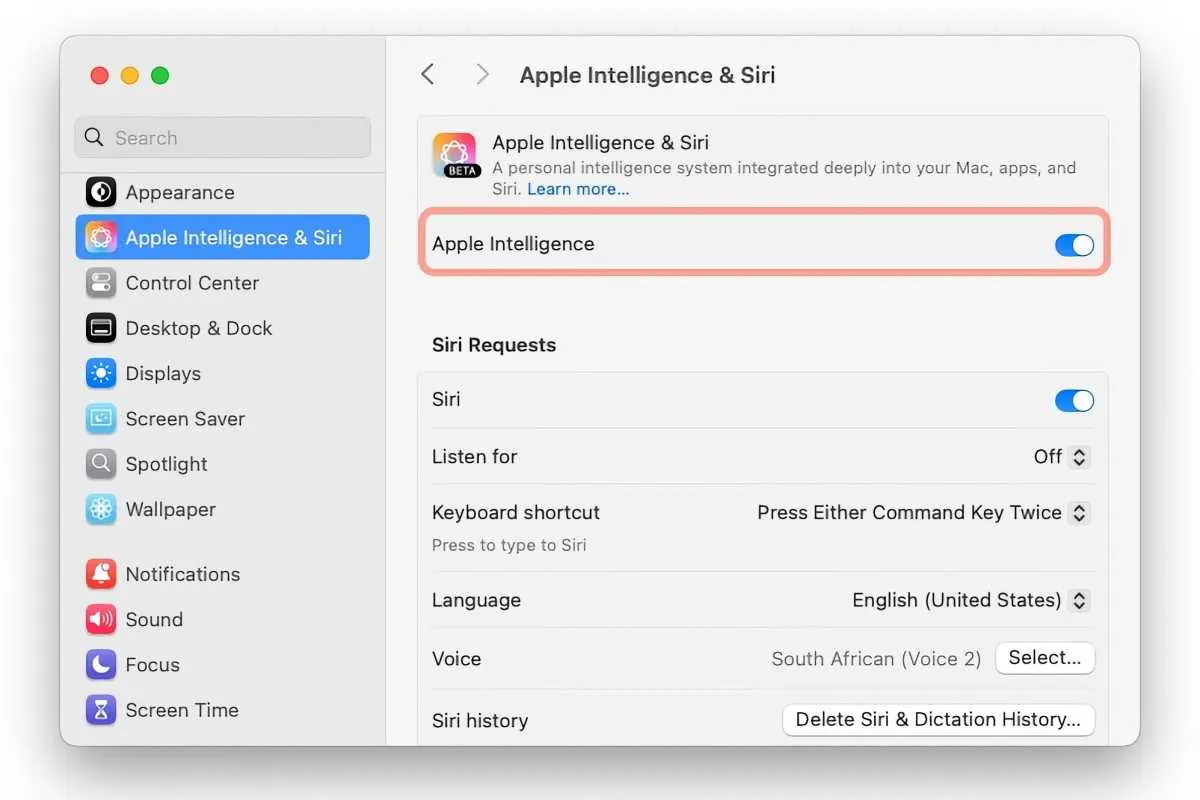 macOS System Settings showing the Apple Intelligence control