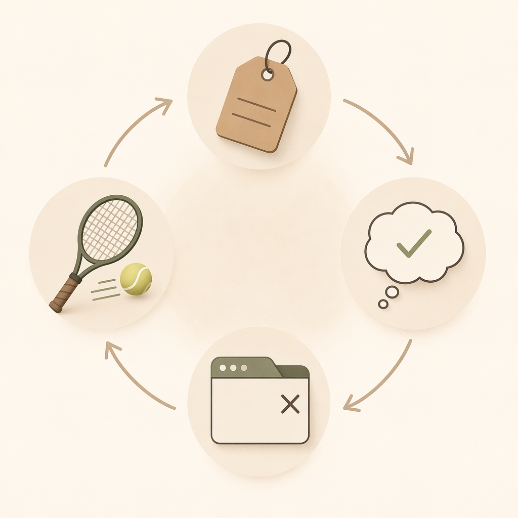 Four-step reset cycle with icons for labeling, brief processing, closing a tab, and recommitting