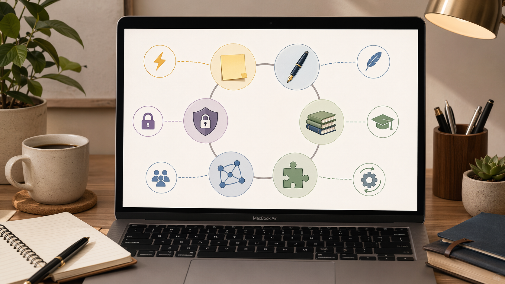 MacBook Air desk scene showing six note-taking work styles represented by connected icons
