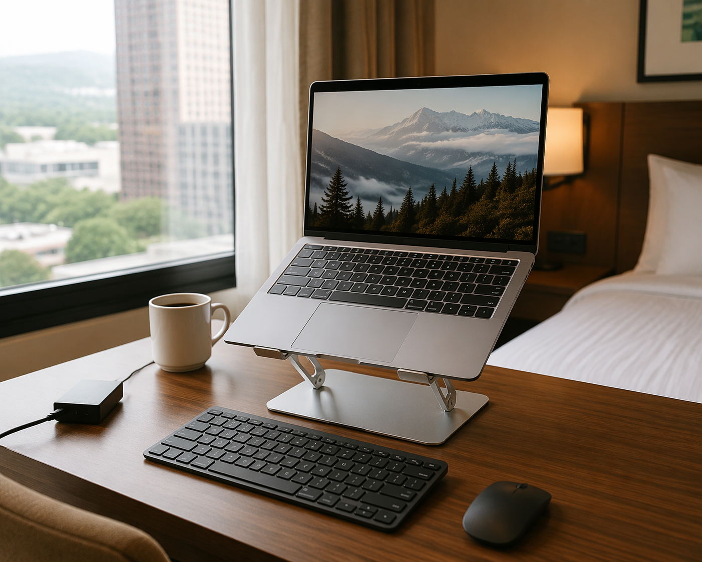 Laptop raised on a foldable stand with compact keyboard and mouse on a small hotel desk