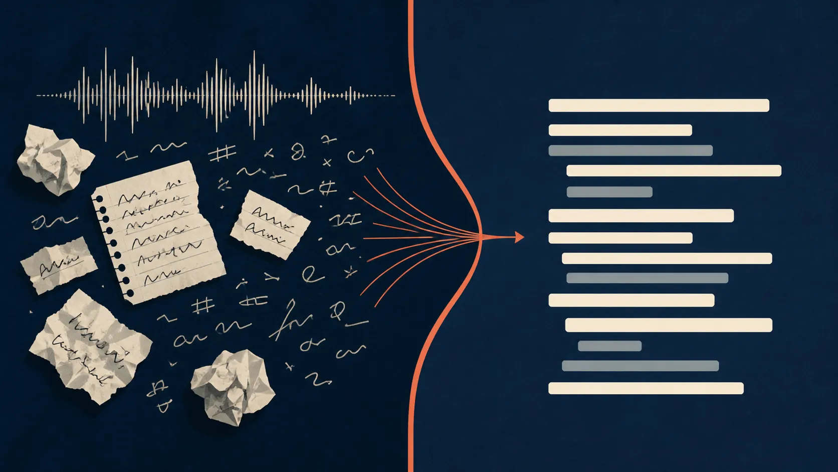 Chaotic notes and an audio waveform turning into organized structured notes