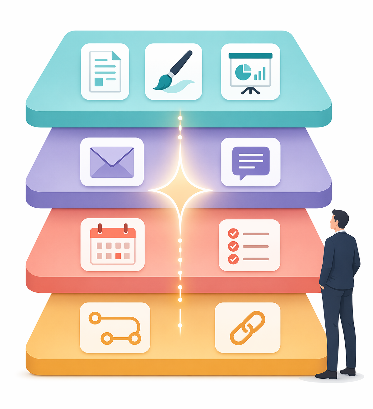 A flat vector infographic showing four stacked colored horizontal layers representing Content & Creation, Communication & Meetings, Scheduling & Task Management, and Automation & Orchestration, with small stylized tool icons on each layer, a glowing spark icon at the center, and a silhouette figure beside the stack for scale.