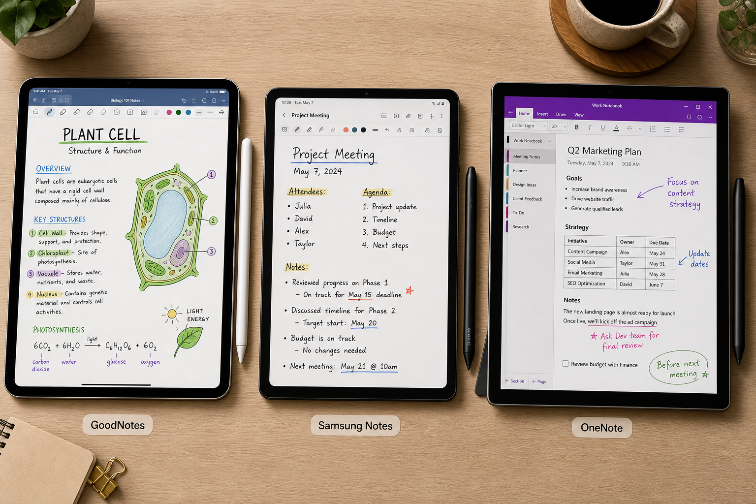 Editorial flat-lay photograph showing three tablets on a warm wood desk: an iPad with Apple Pencil displaying GoodNotes with colorful handwritten notes and diagrams, a Samsung Galaxy Tab with S Pen displaying Samsung Notes with meeting notes and a sketched diagram, and a Microsoft Surface Pro with Surface Pen displaying OneNote with mixed typed and handwritten content.