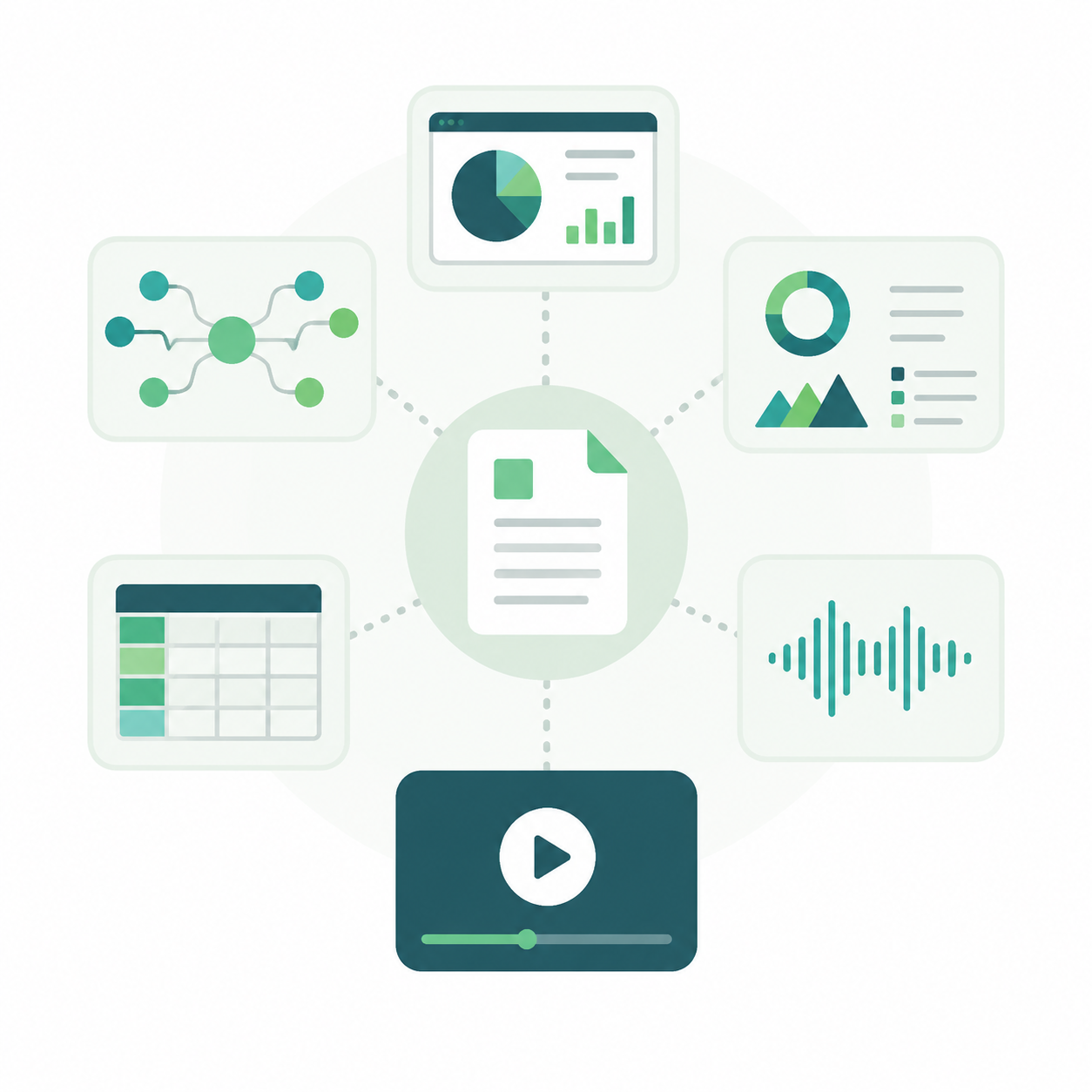 Flat vector icons representing reports, slide decks, mind maps, infographics, data tables, audio, and video deliverables