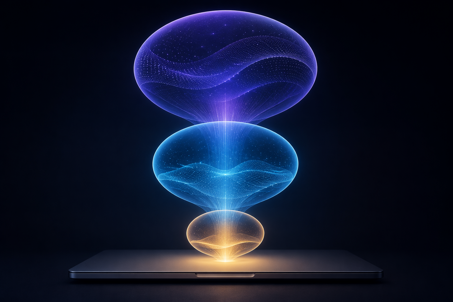 Three translucent spheres above a MacBook representing Apple on-device AI, ChatGPT, and Gemini-powered reasoning