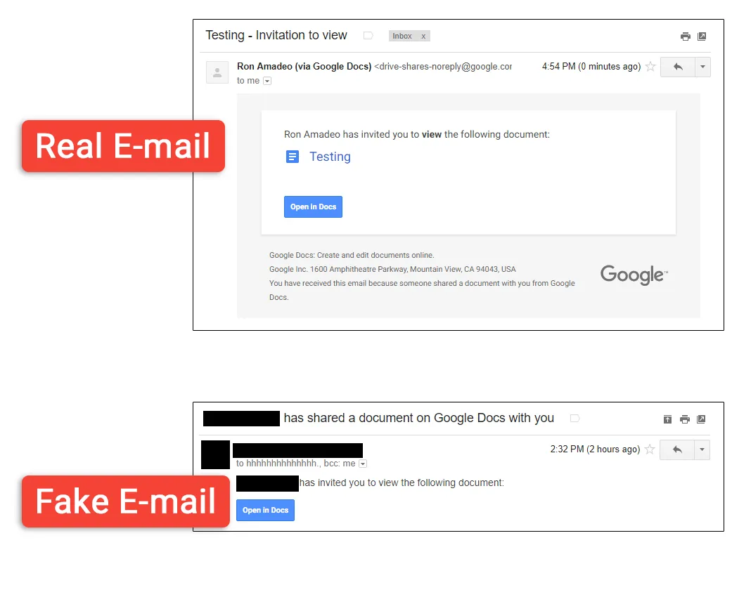 Google authorization screen where a malicious app named Google Docs requests Gmail and contacts permissions