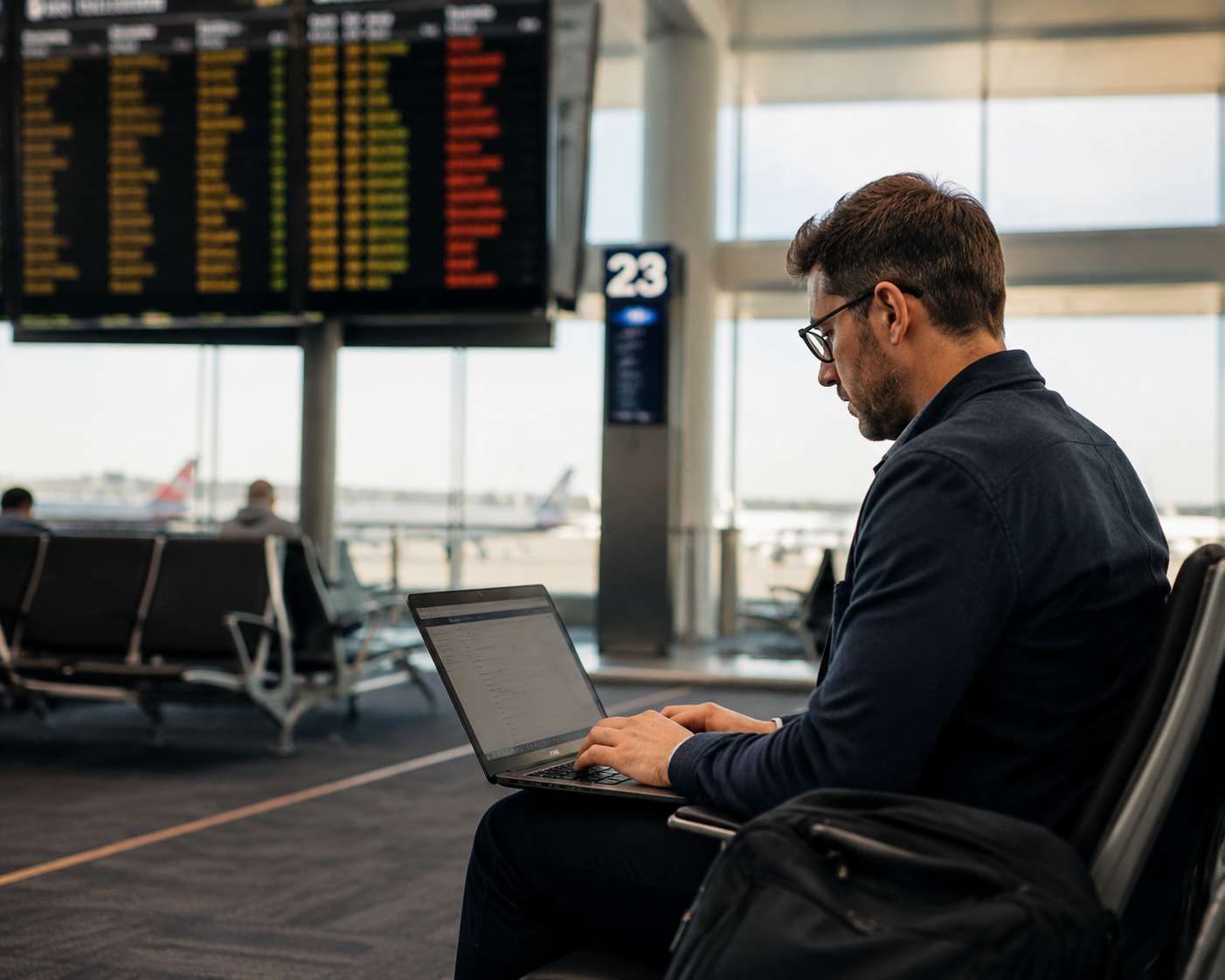 A knowledge worker working at an airport gate with a delayed departure board in the background.