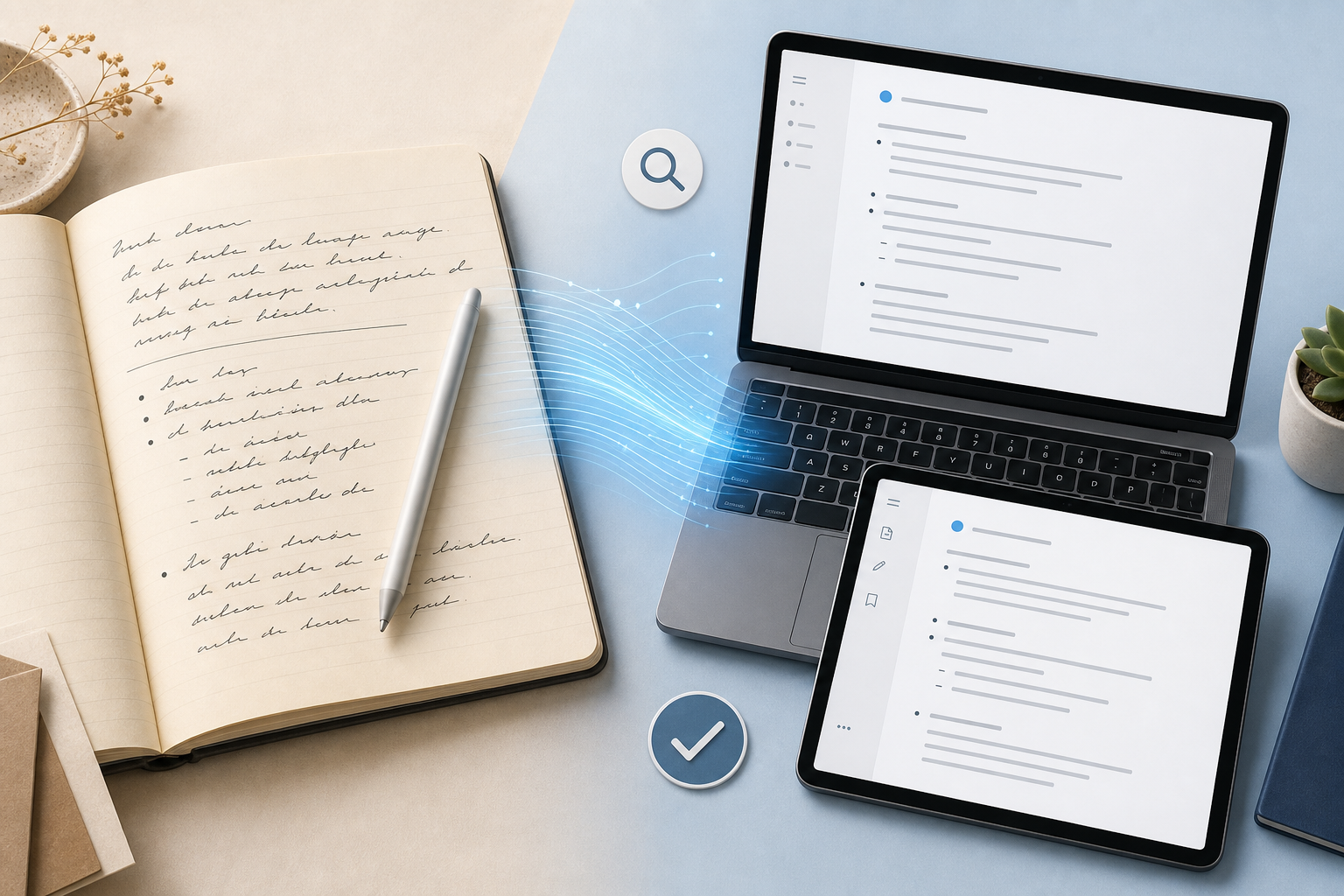 Flat-lay composition showing an open paper notebook with handwritten notes transitioning to a laptop and tablet displaying clean typed digital text.