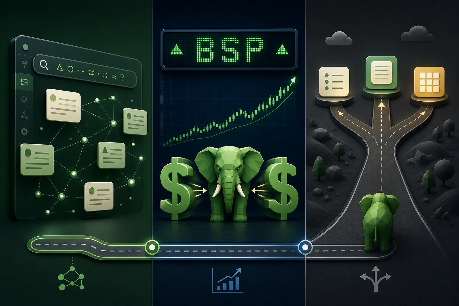 A triptych editorial infographic. Left panel shows a stylized note-taking interface with a search bar and floating connected note cards forming a semantic network. Center panel shows a financial ticker display with BSP stock symbol and an upward-trending chart, with a green elephant icon squeezed between two dollar signs. Right panel shows a branching road with an elephant icon at the start and three diverging paths toward simplified app icons.