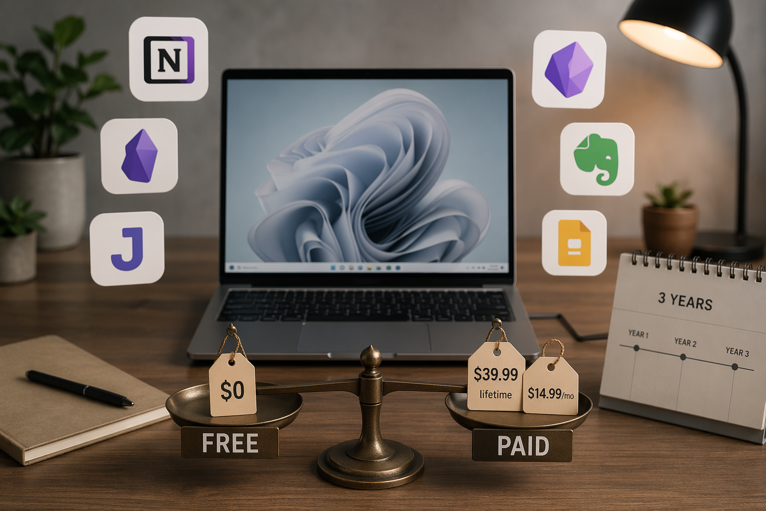 Windows laptop with free and paid note app cost tags on a desk
