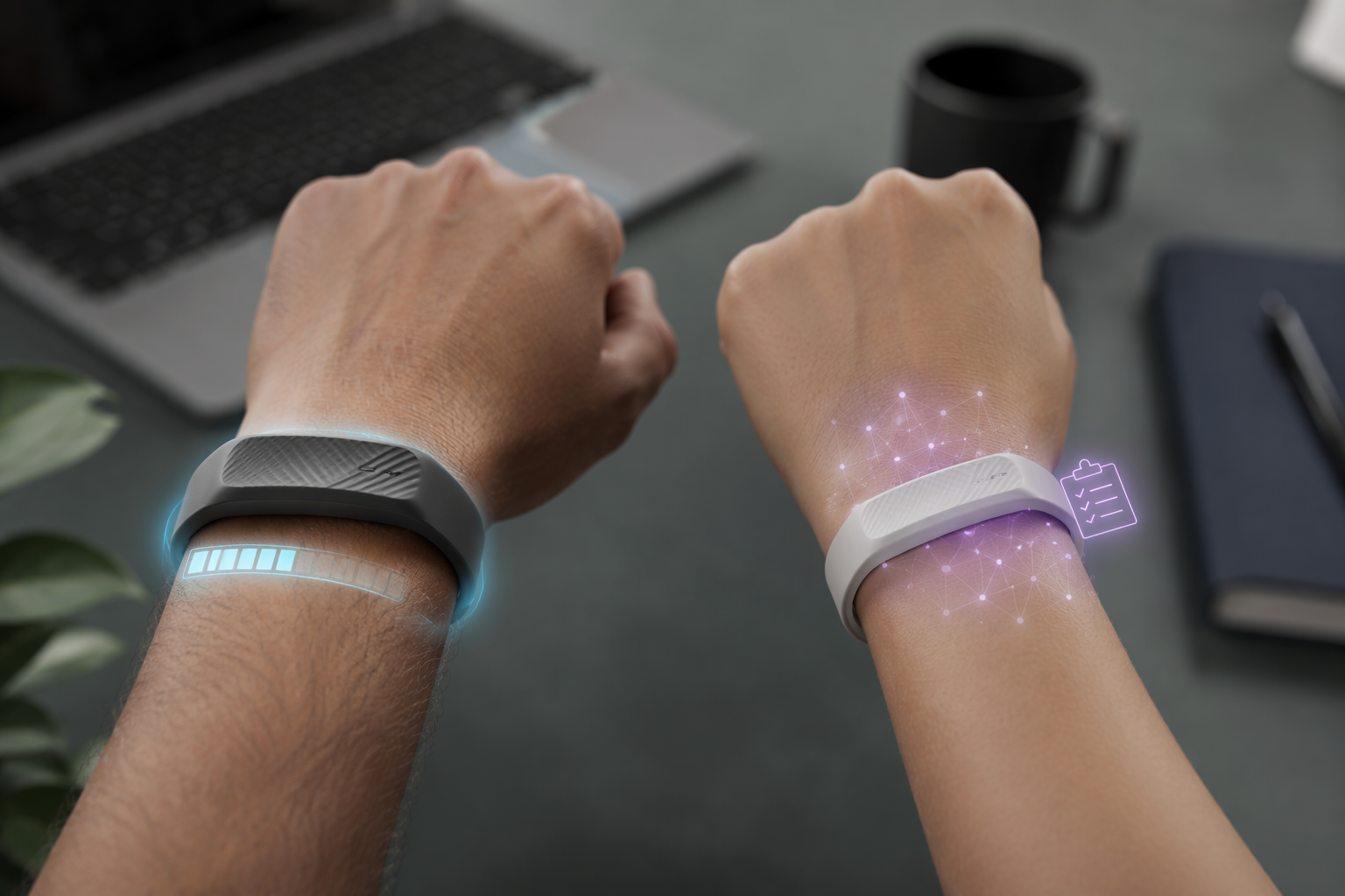 Two screenless wearable bands on wrists in a calm workspace, one representing energy awareness and one representing AI coaching