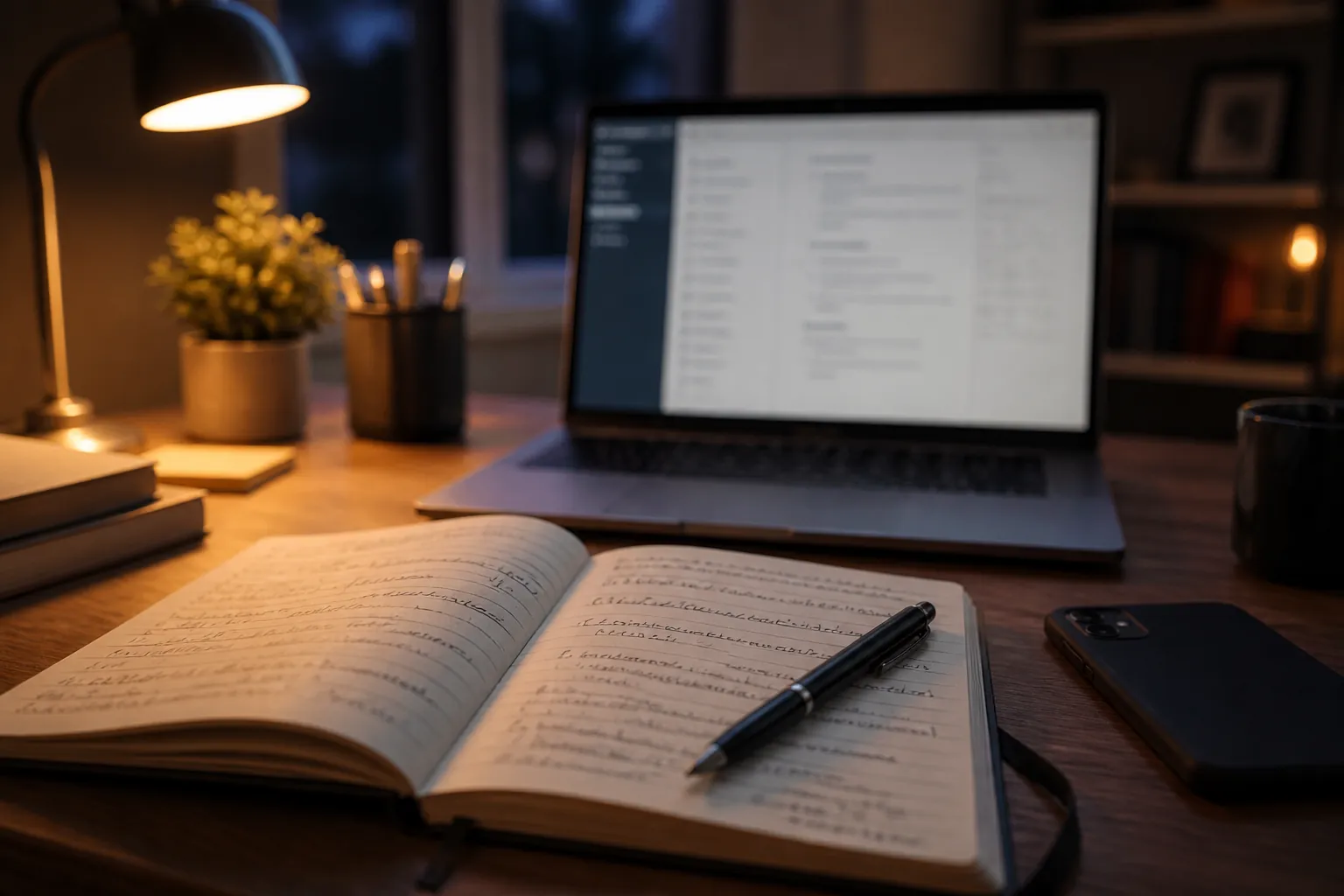 An evening home desk with handwritten notes, a phone set aside, and a laptop in the background