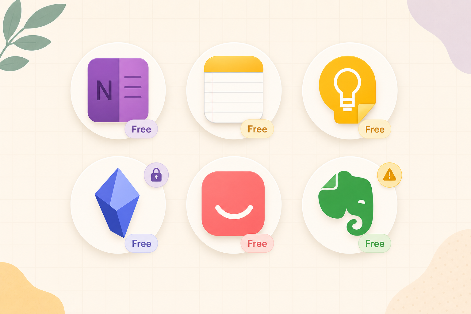 A flat vector illustration showing six note-taking app icons (OneNote, Apple Notes, Google Keep, Obsidian, Notion, Evernote) arranged on a subtle grid. Each icon has a 'Free' badge. A small lock icon sits near Obsidian and a small warning icon near Evernote.