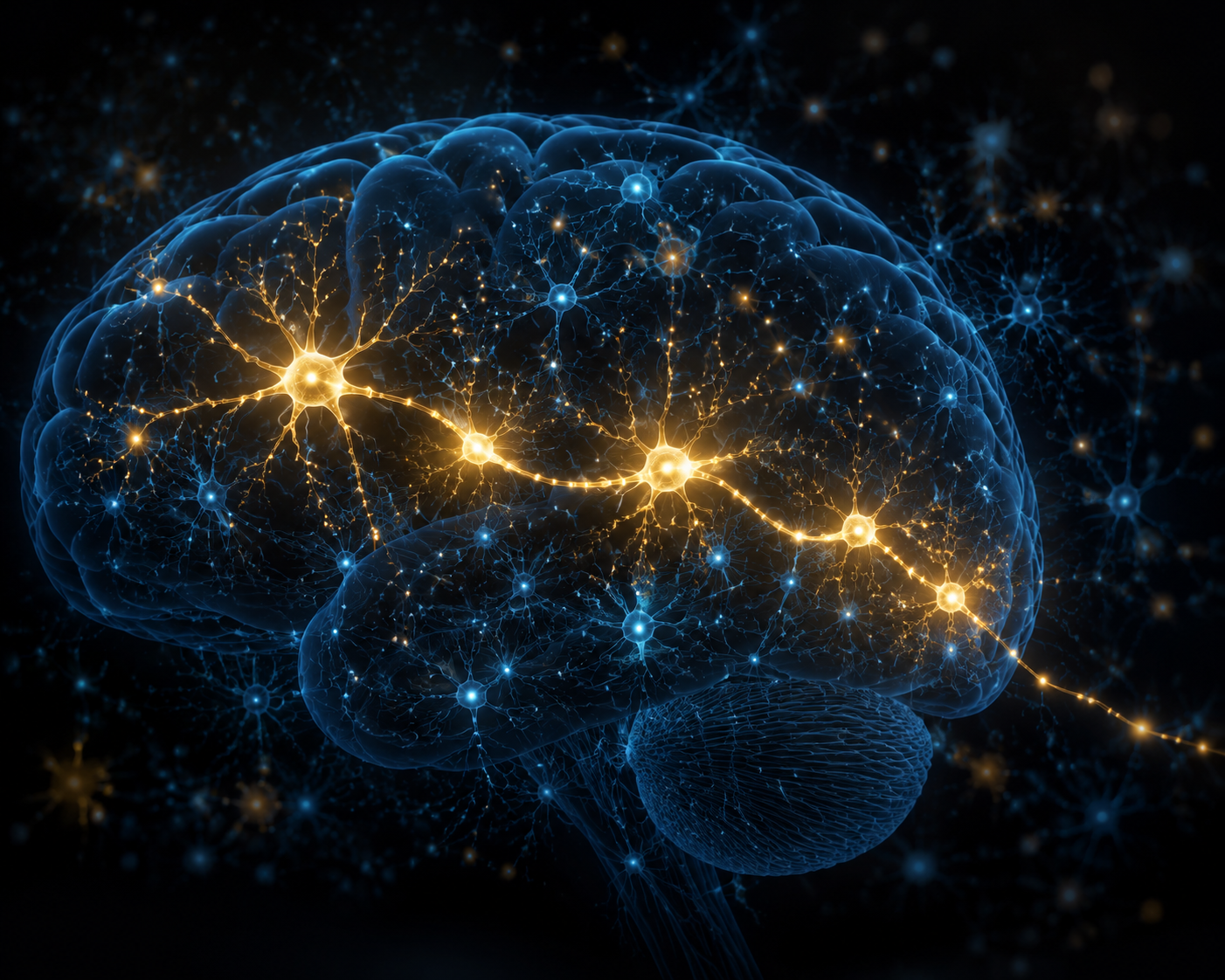 Bright neural pathway cutting through dim scattered neural activity, representing tau filtering off-target activity during memory encoding