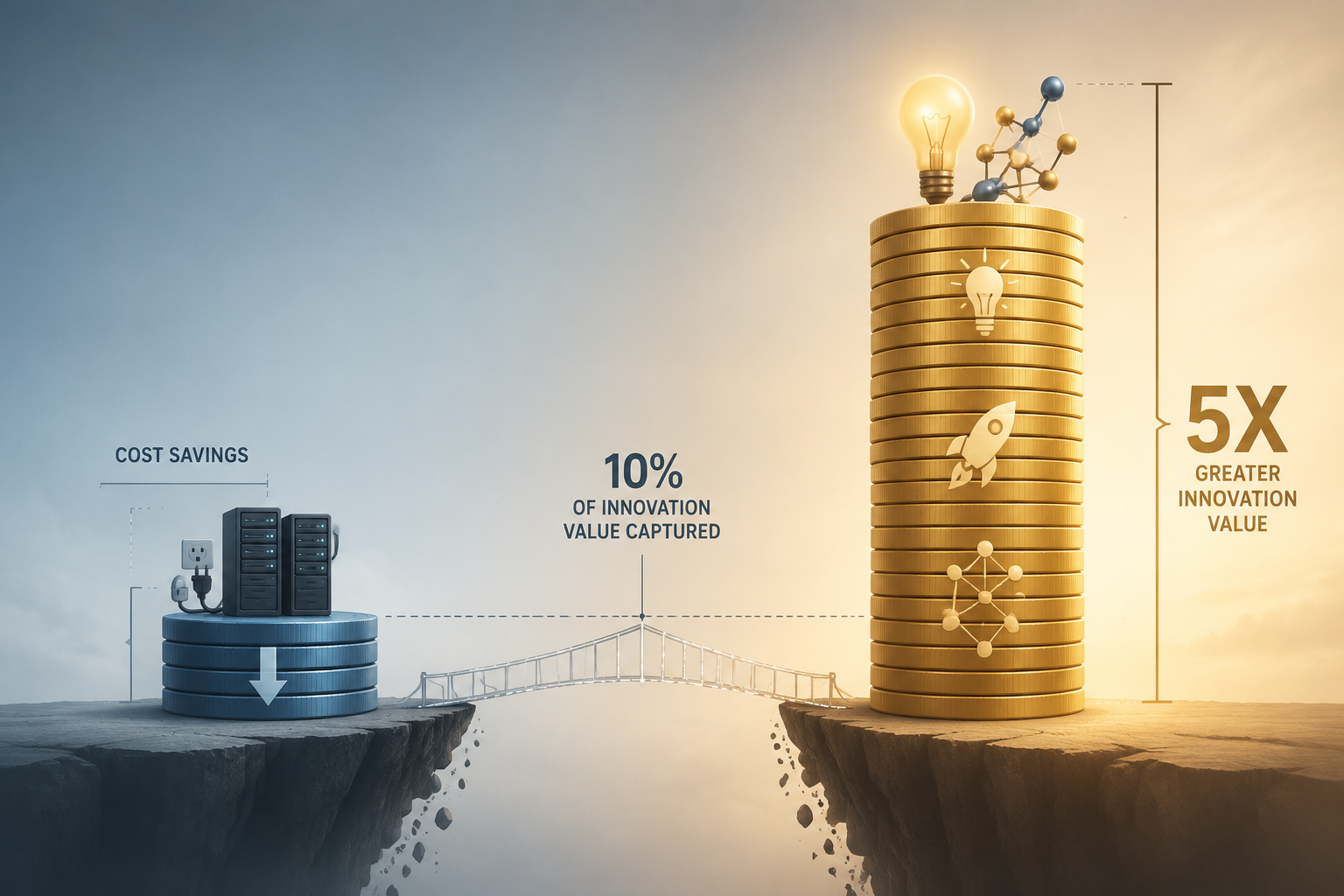 Cost-reduction value shown as a smaller stack of coins beside a larger innovation-value stack