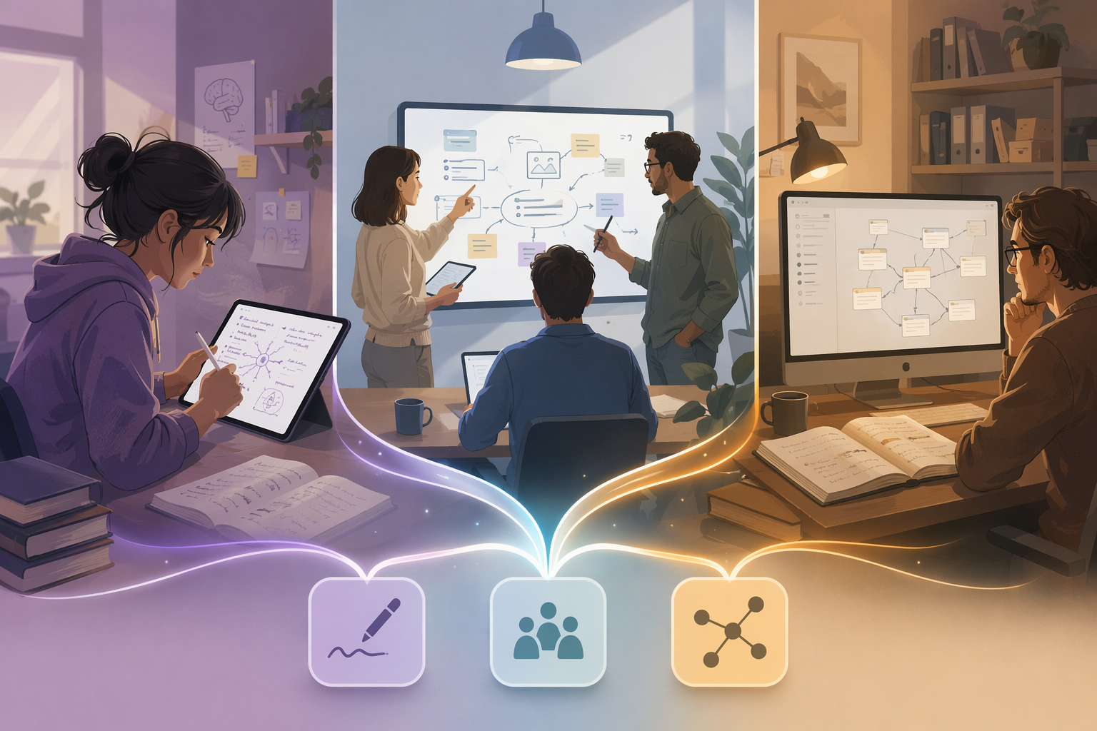 Student, team, and researcher using different note-taking workflows side by side