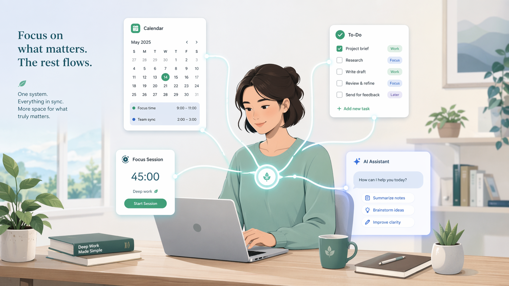 A calm knowledge worker sits at a desk with a calendar, to-do list, timer, and AI assistant icon connected by soft glowing lines, representing a coherent productivity system.