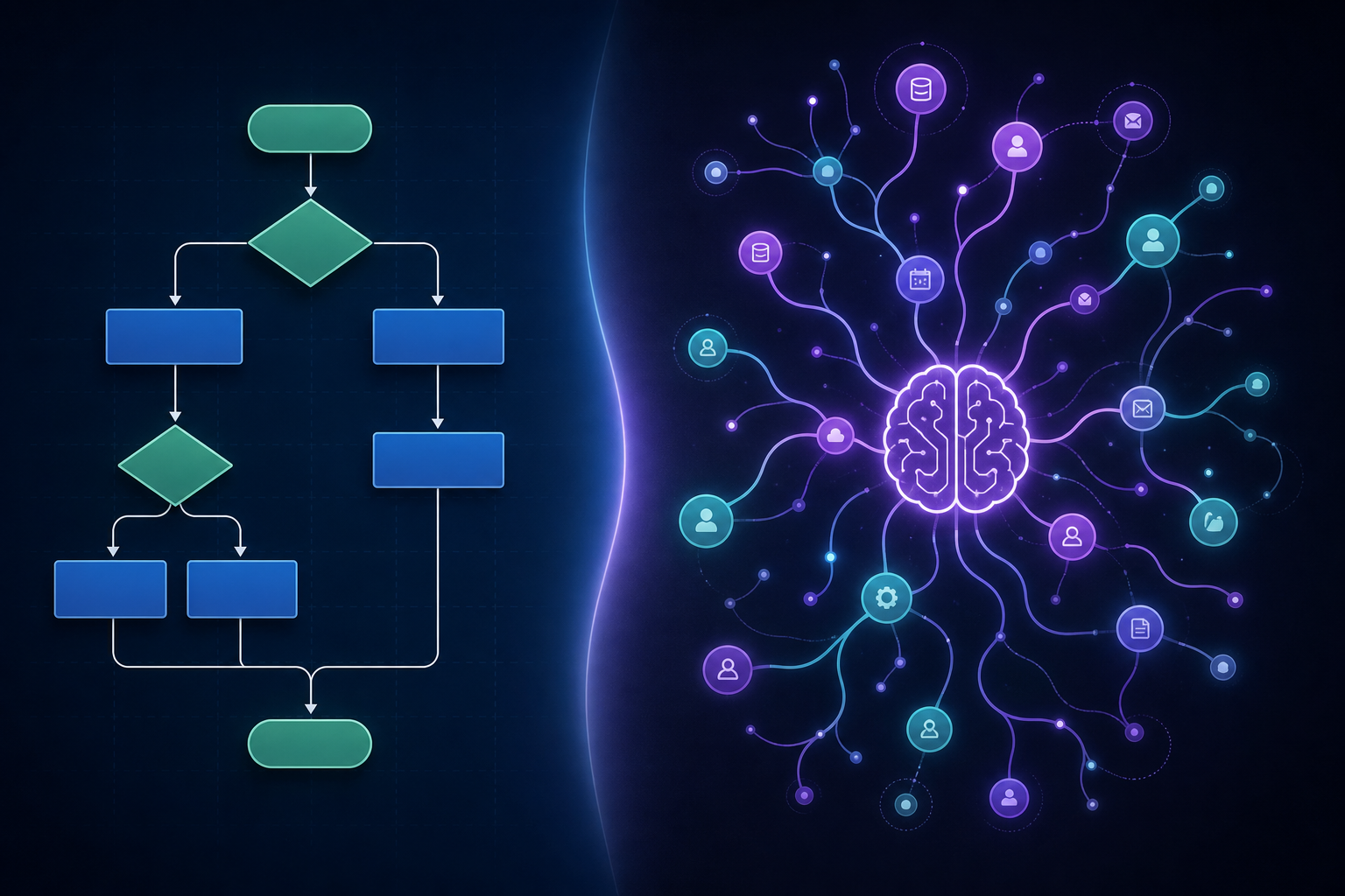 Split-view illustration comparing a traditional flowchart on the left with an AI-native glowing network on the right.