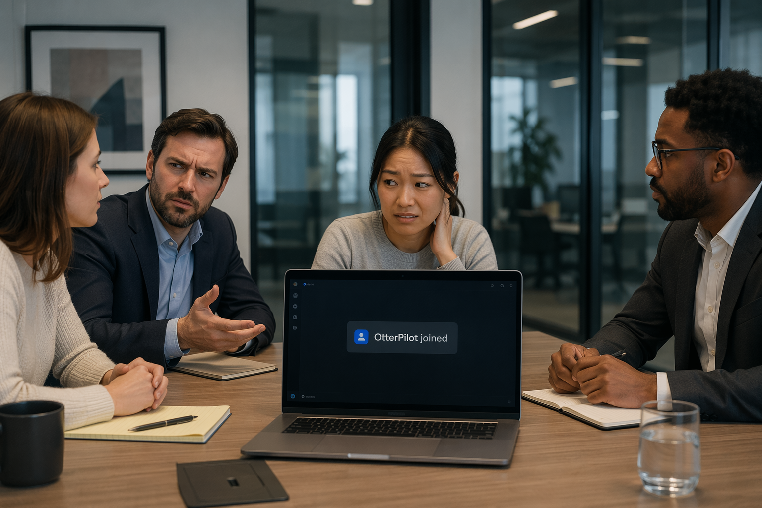 A client meeting disrupted by an AI bot join notification on a laptop