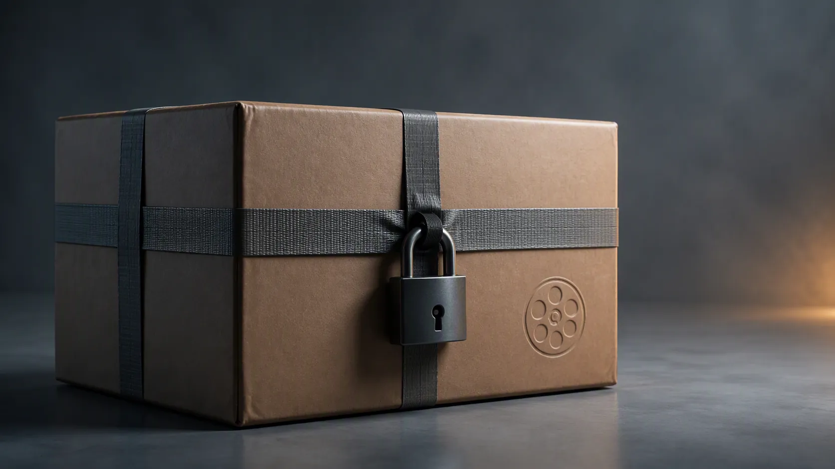 Locked shipping crate with a film-reel icon suggesting promised but unavailable model weights